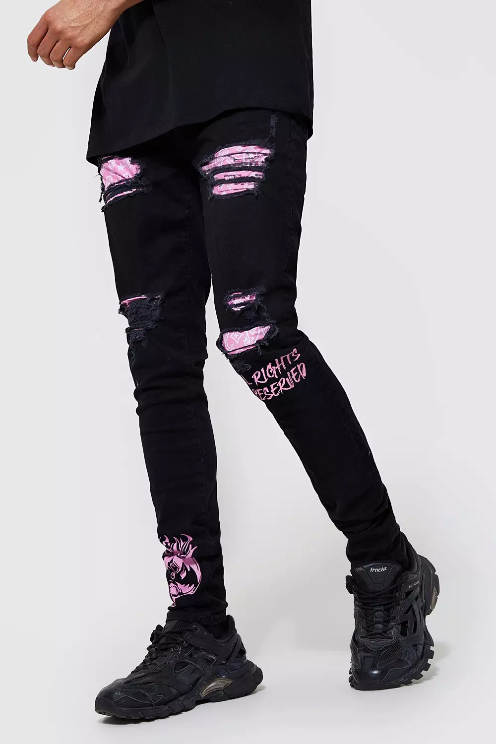 Ripped Red Skinny Jeans with Graffiti Print