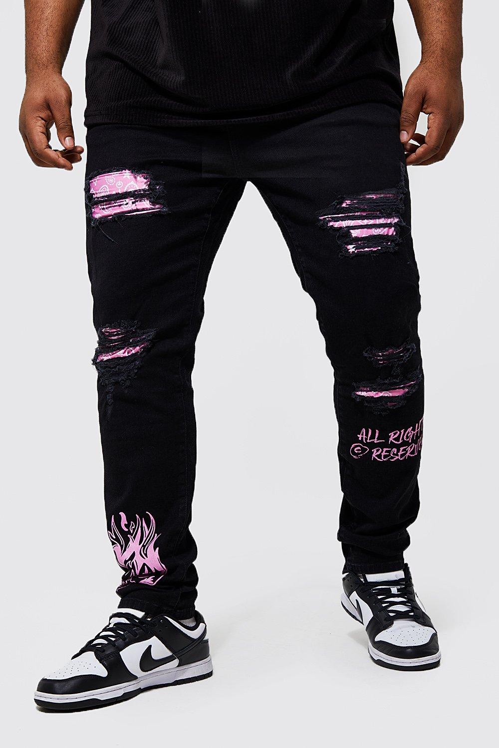 grande taille - jean skinny déchiré à motif bandana et graffiti homme - noir - 38, noir