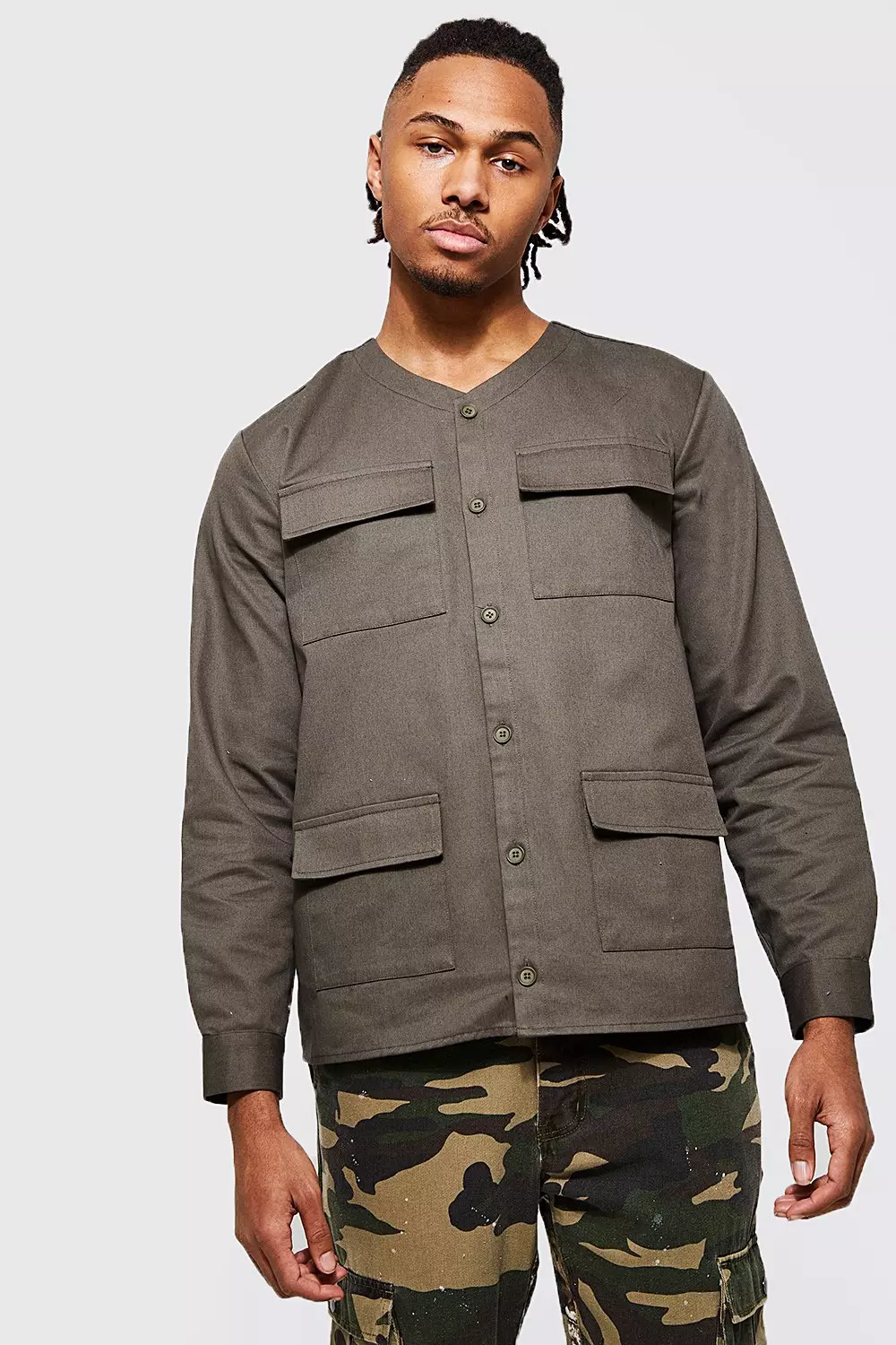 Twill Collarless 4 Pocket Shirt Jacket