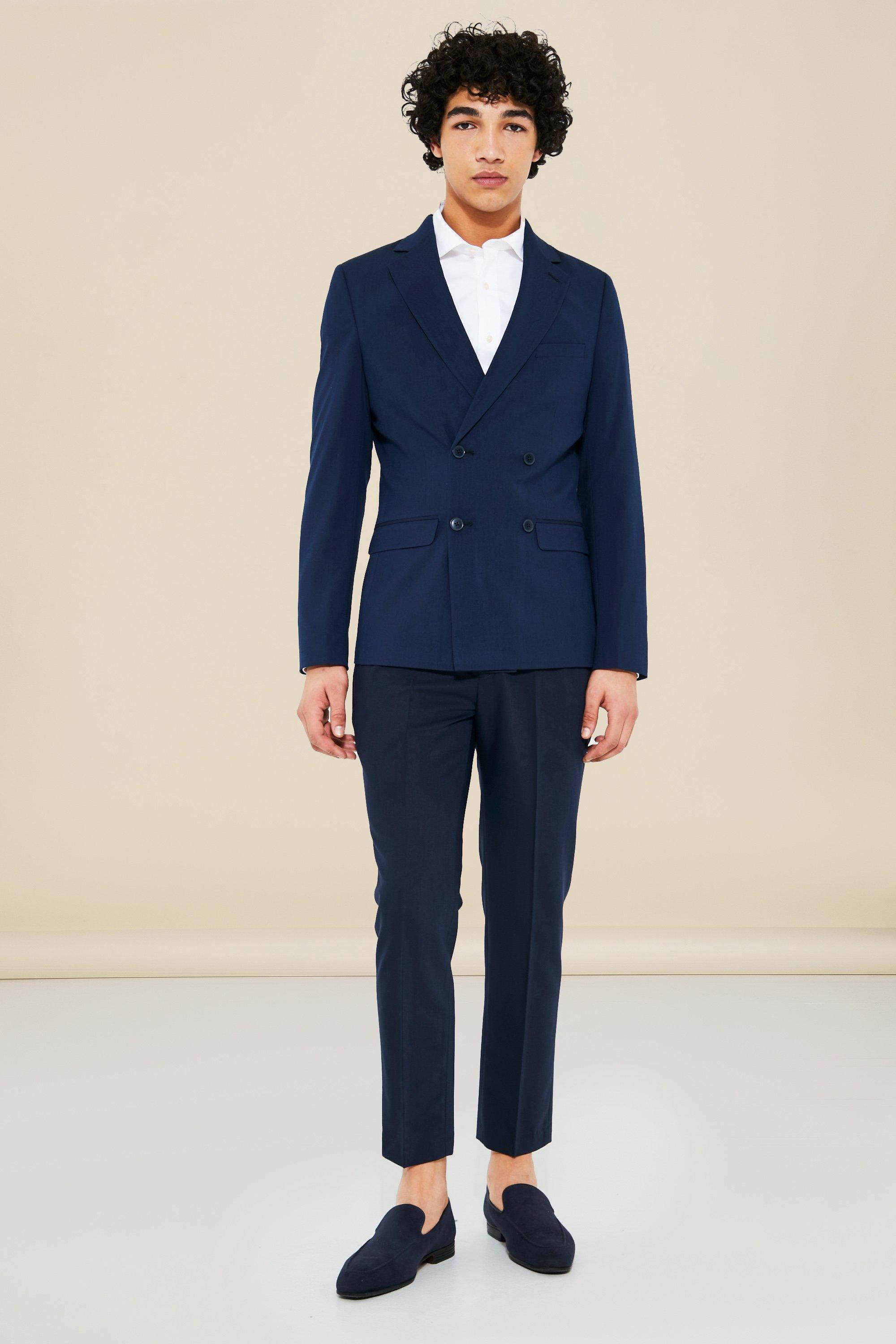 Mens Navy Super Skinny Double Breasted Suit Jacket, Navy