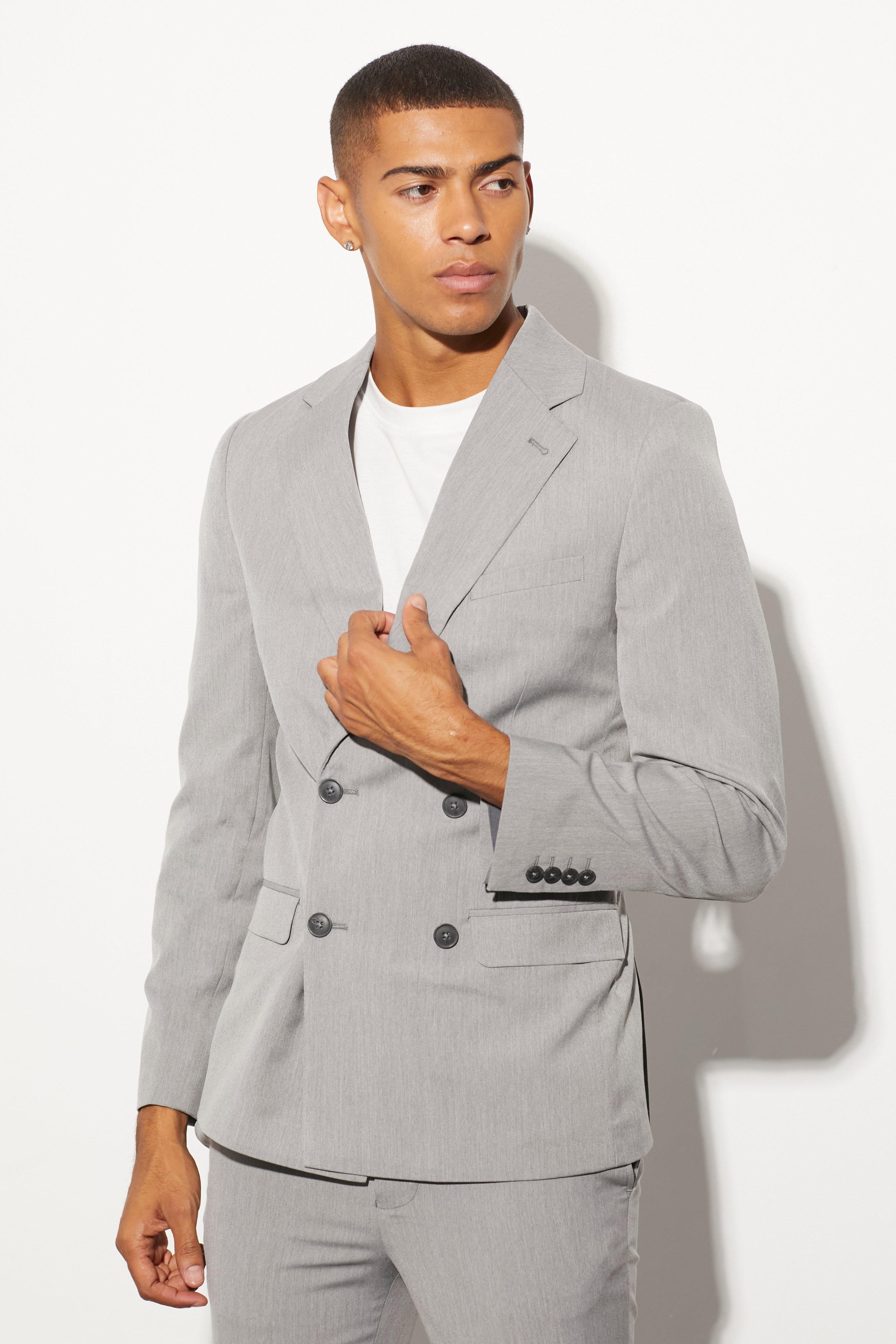 Mens Grey Super Skinny Double Breasted Suit Jacket, Grey