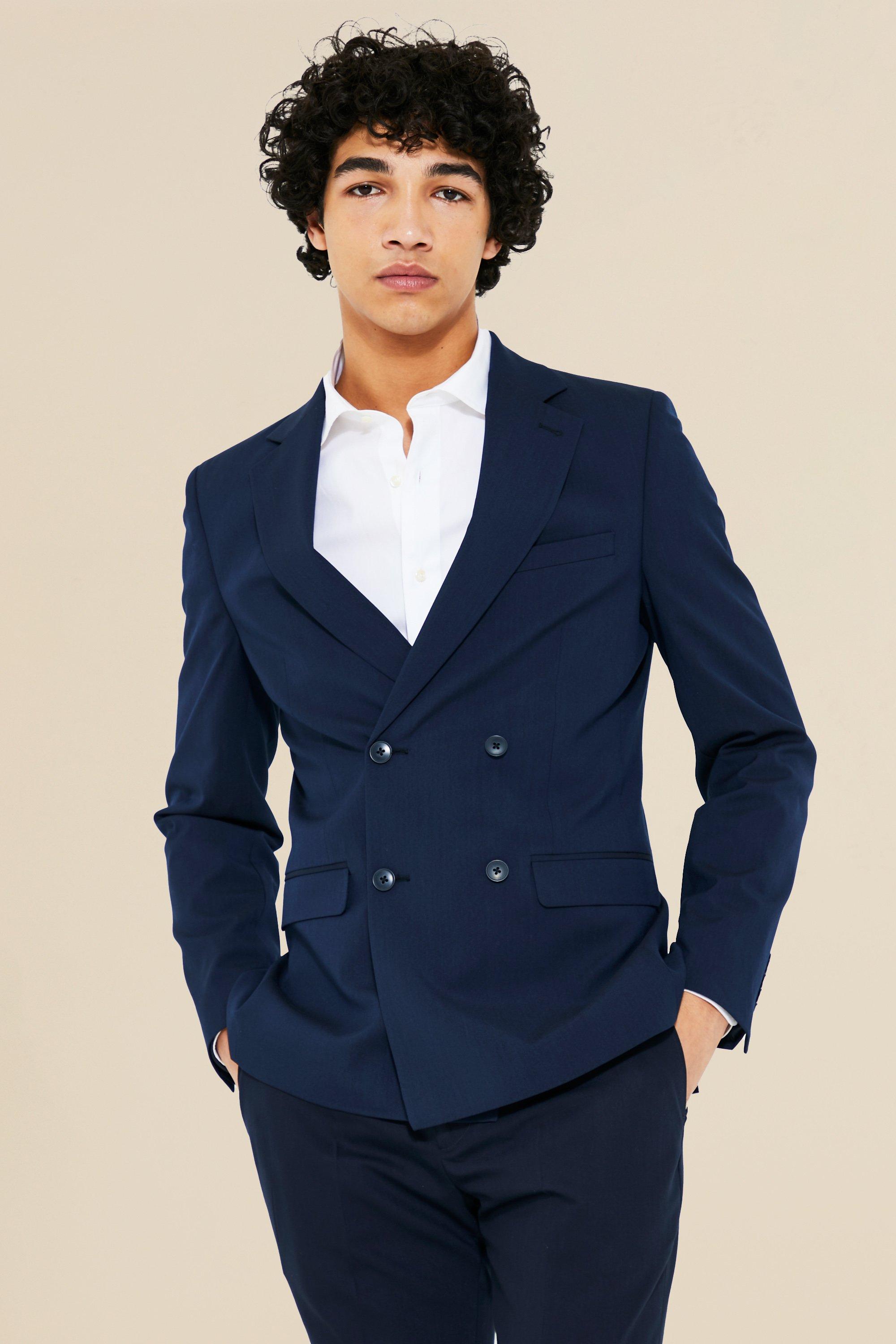 Mens Navy Skinny Double Breasted Suit Jacket, Navy