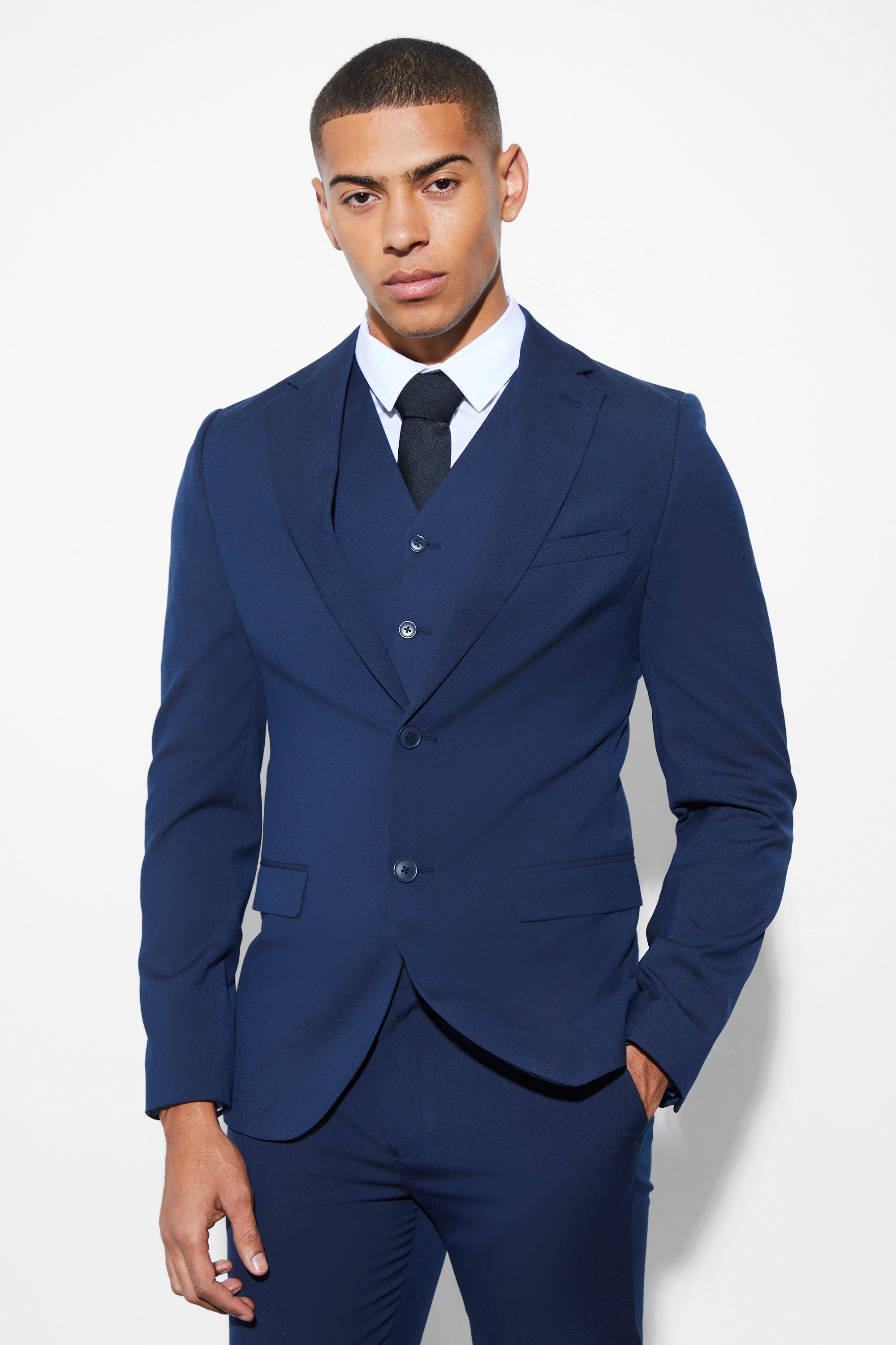 Mens Navy Skinny Single Breasted Suit Jacket, Navy