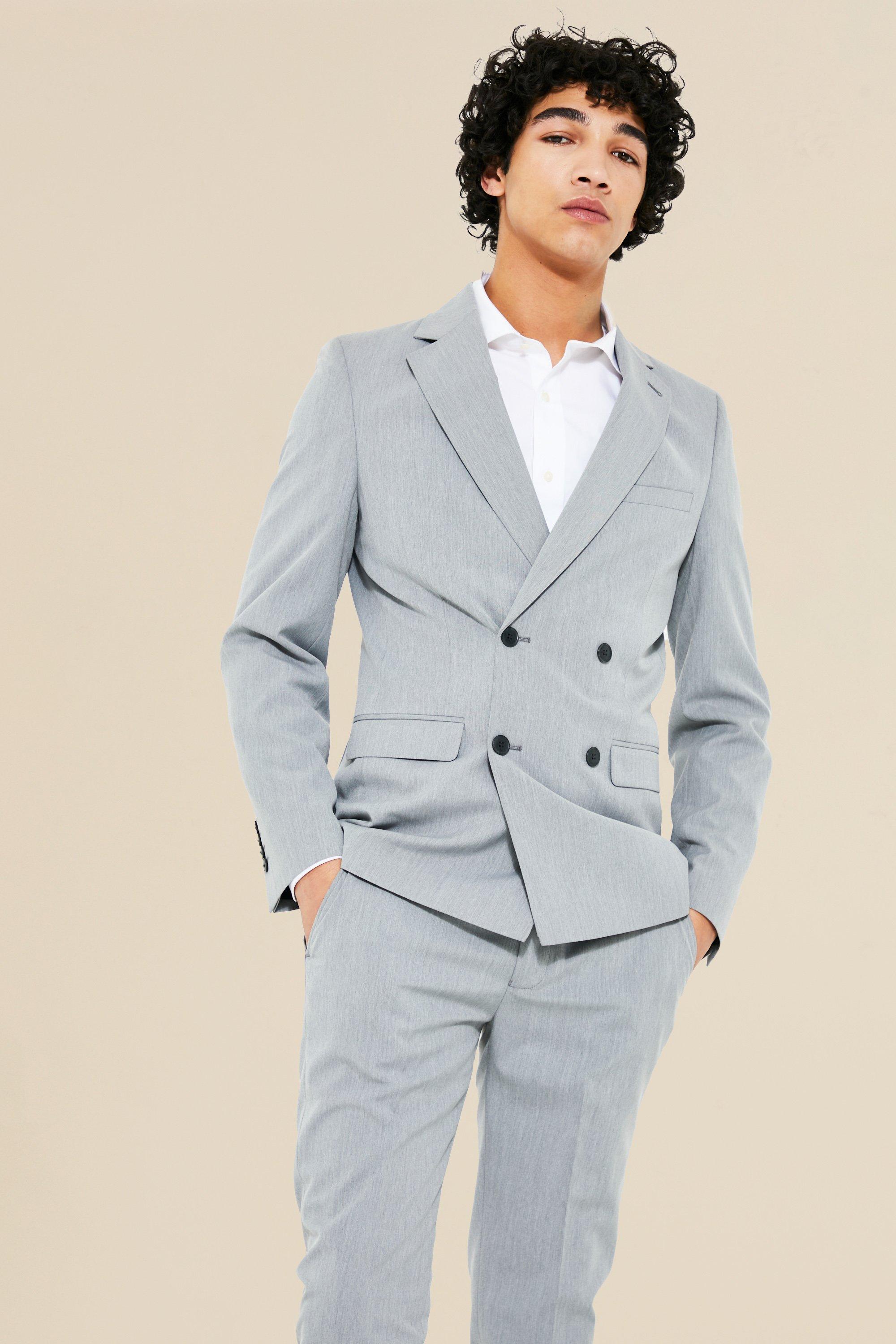 Mens Grey Skinny Double Breasted Suit Jacket, Grey