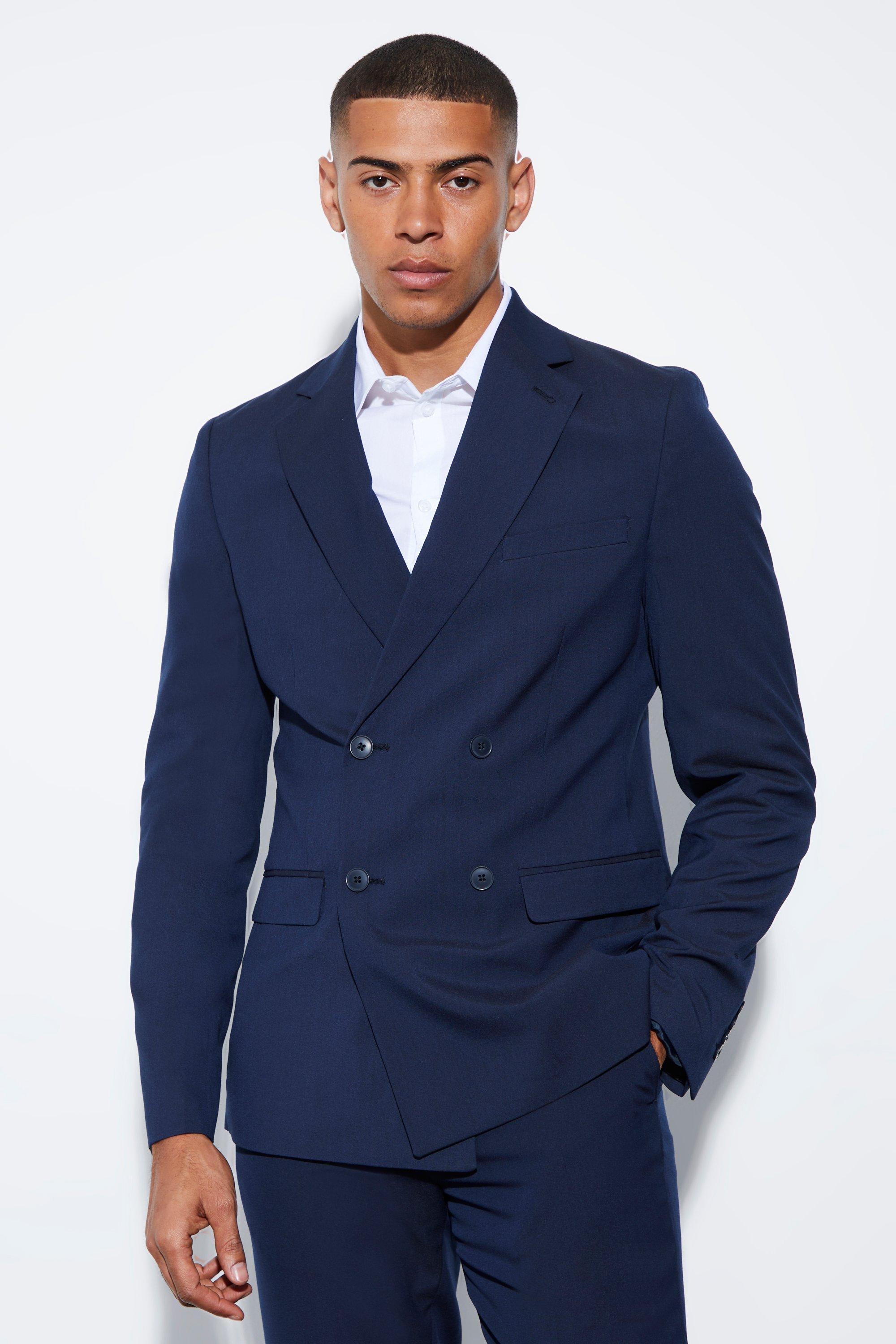 Mens Navy Slim Double Breasted Suit Jacket, Navy