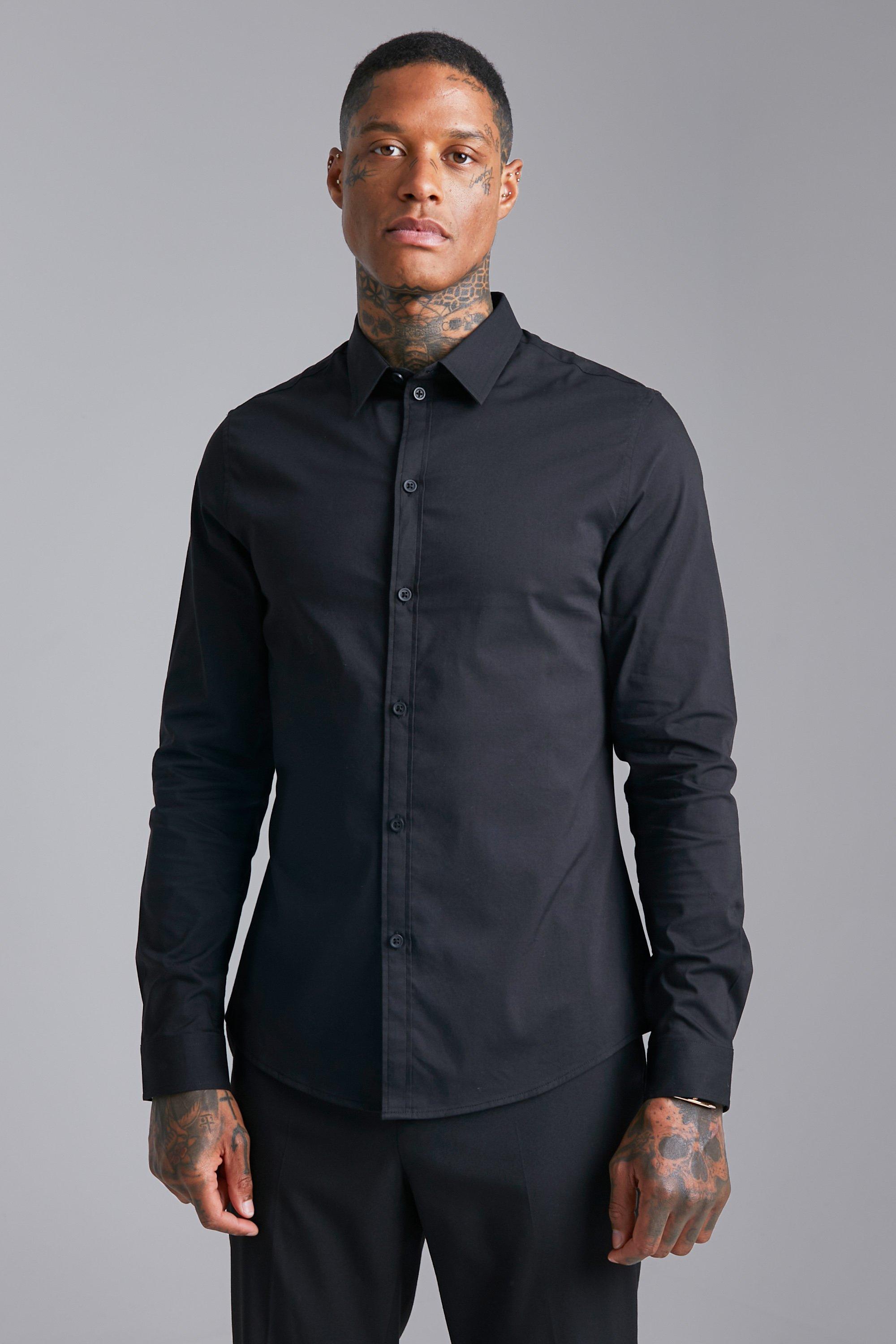Mens Black Long Sleeve Slim Fit Shirt, Black