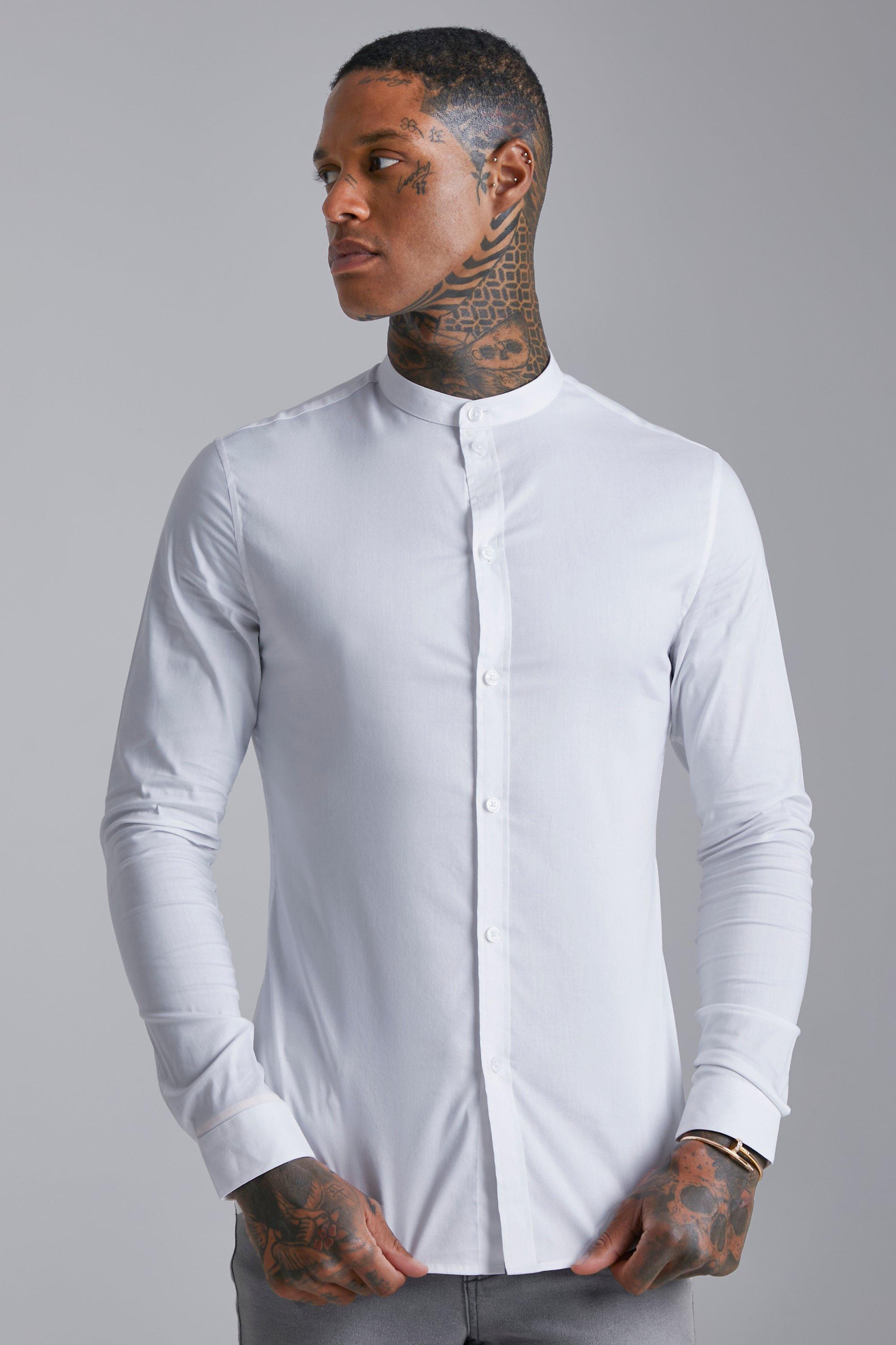 Mens White Long Sleeve Grandad Collar Muscle Fit Shirt, White
