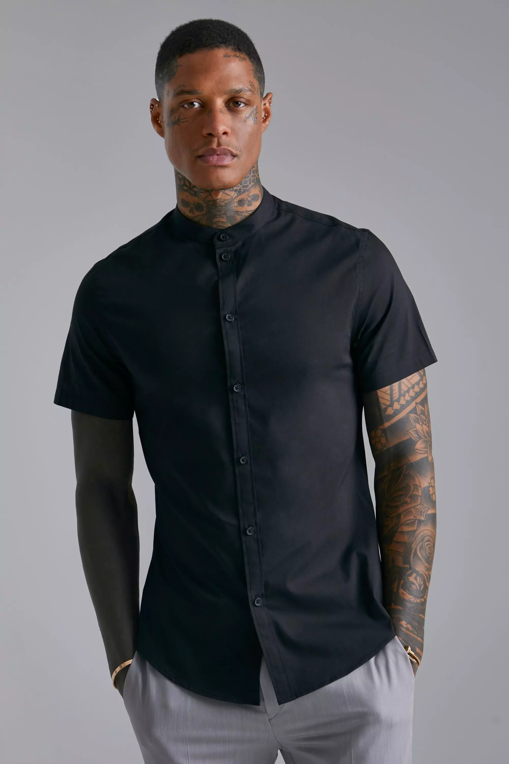 Black grandad cheap collar shirt