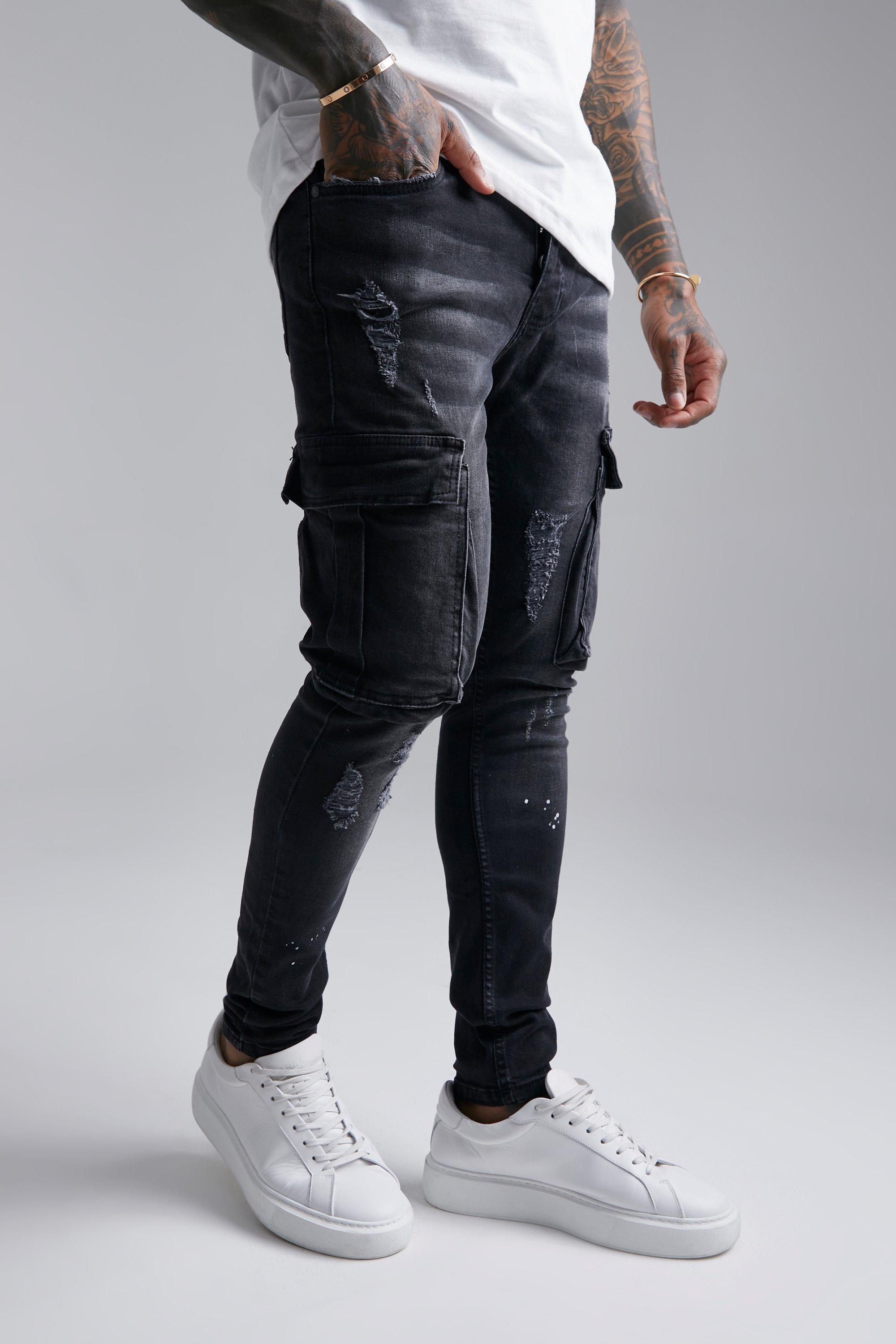 Boohoo Cargo Super Skinny Jeans Met Verfspetters, Washed Black