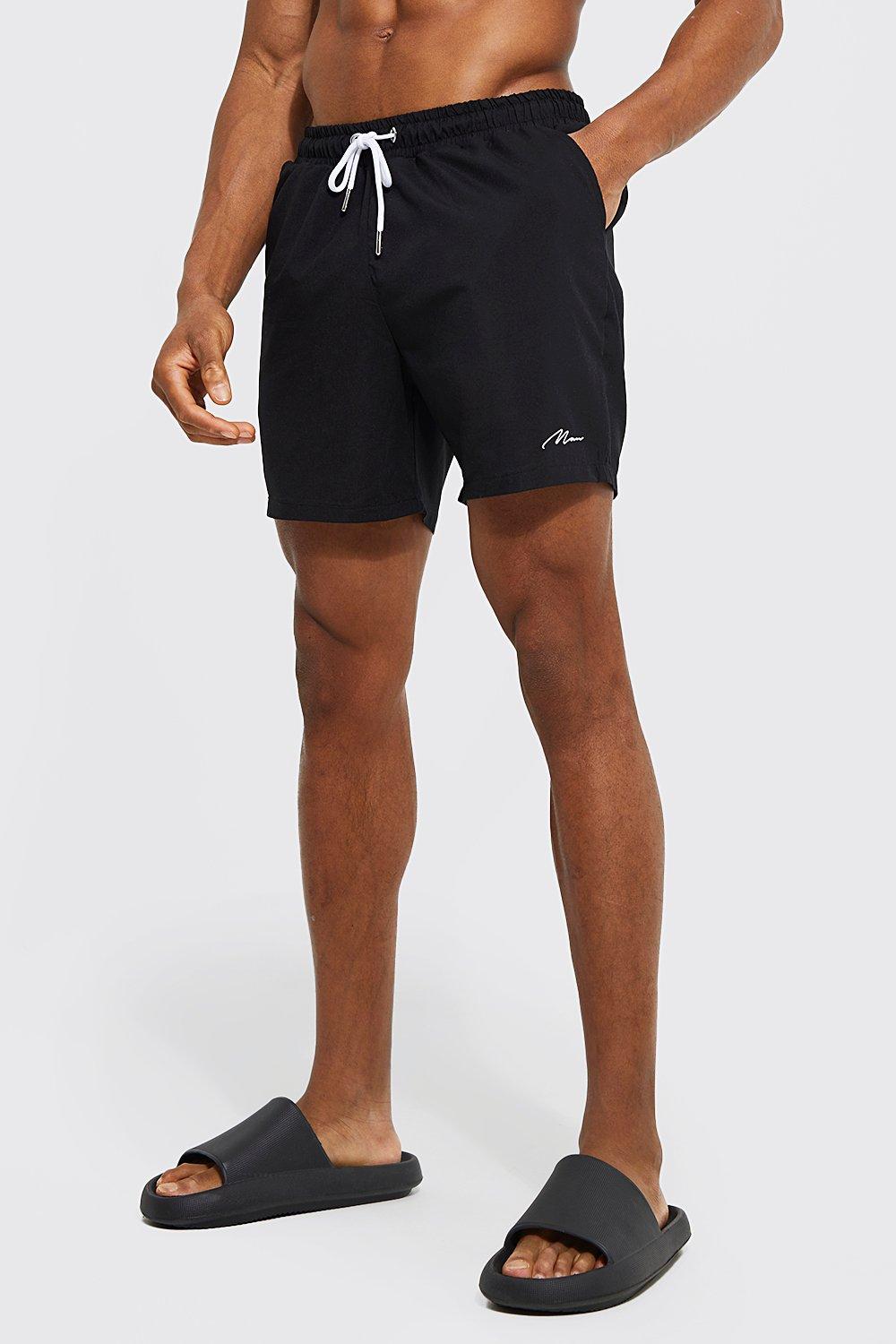 Mens Black Man Signature Mid Length Swim Shorts, Black