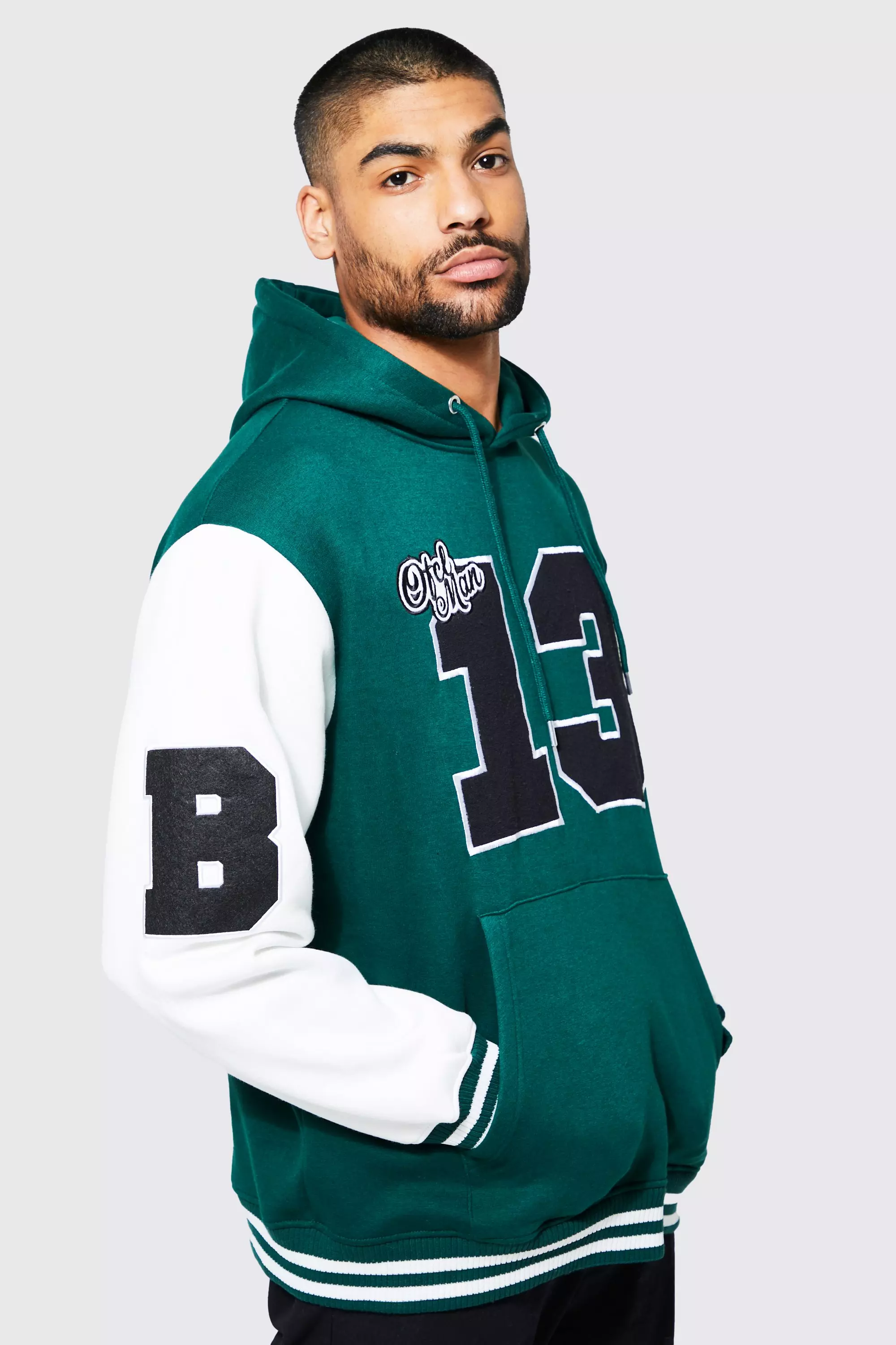 Hooded Varsity Jacket Mens in Forest Green