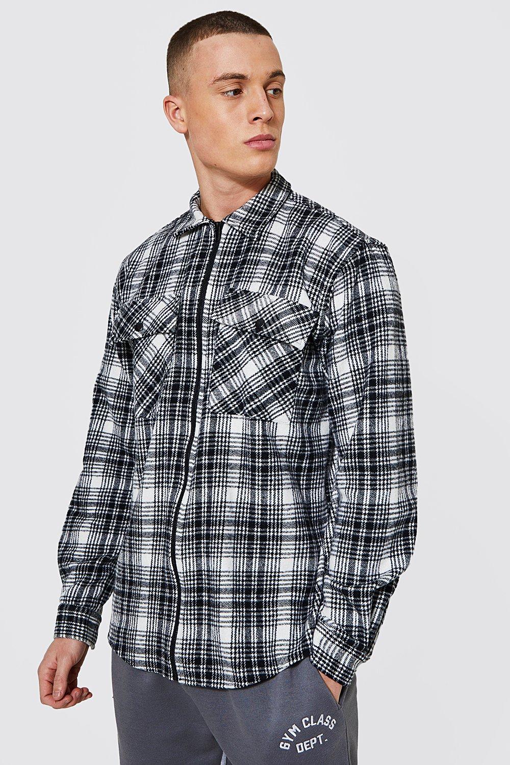 Mens Black Heavyweight Zip Check Overshirt, Black