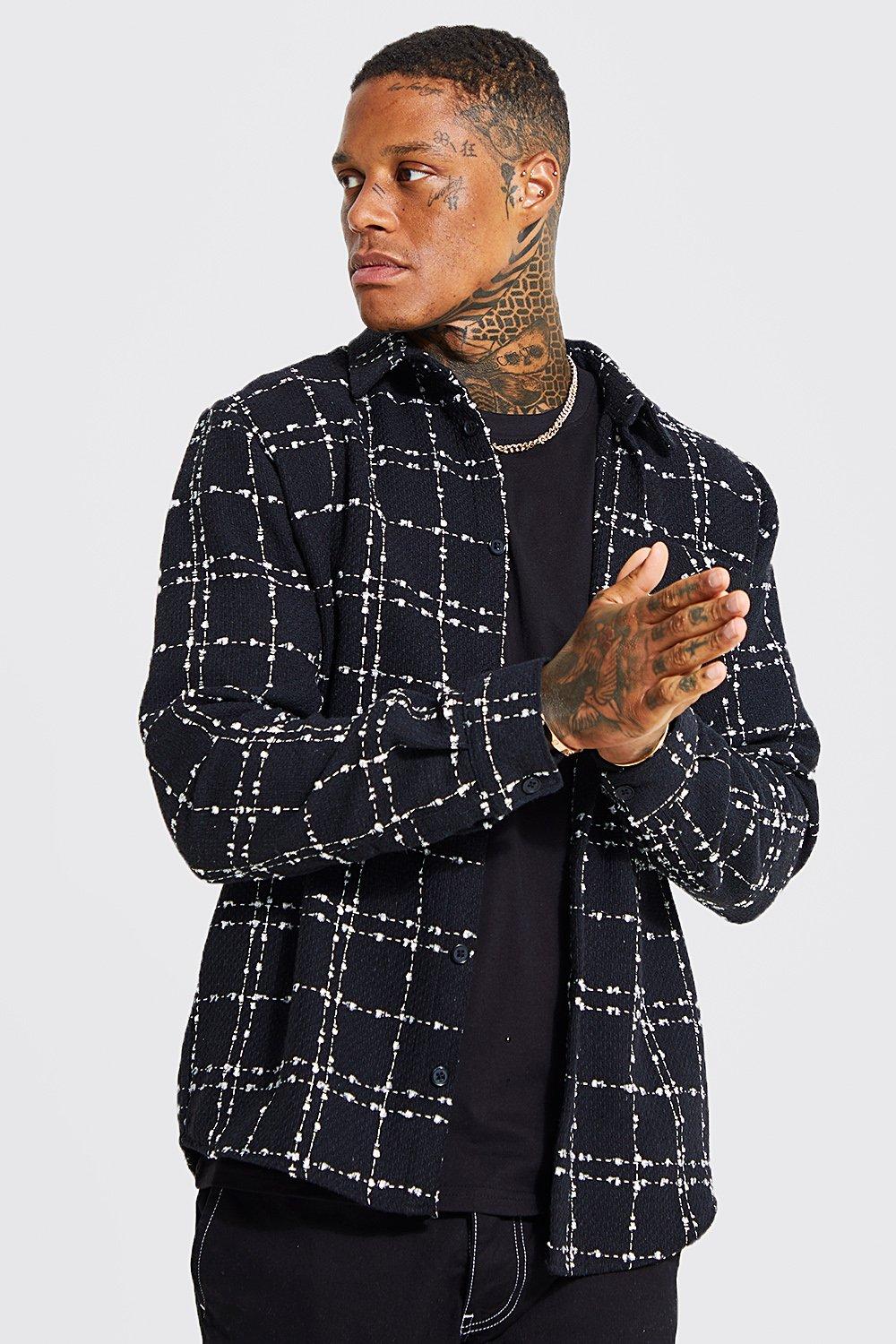 Mens Black Heavyweight Textured Check Overshirt, Black