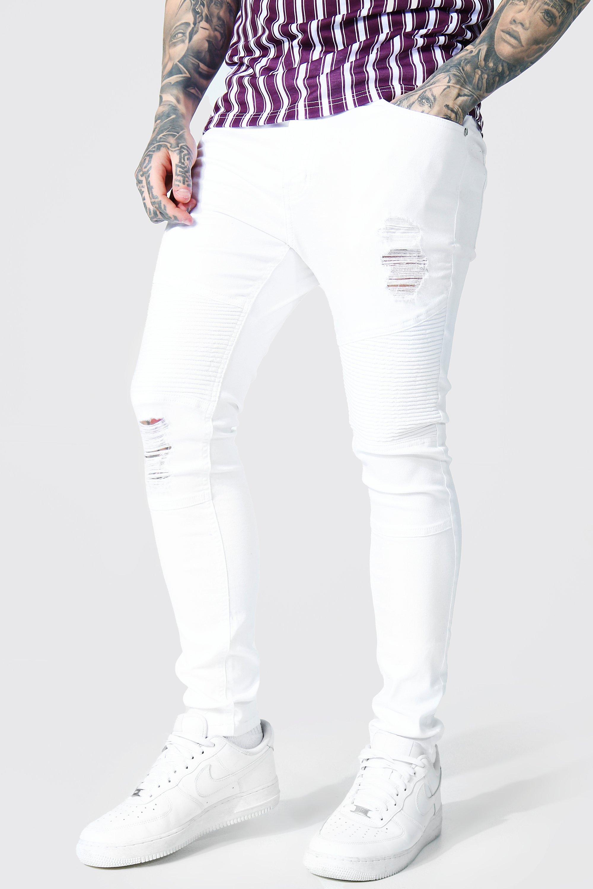 Mens White Super Skinny Biker Jeans With Rips, White