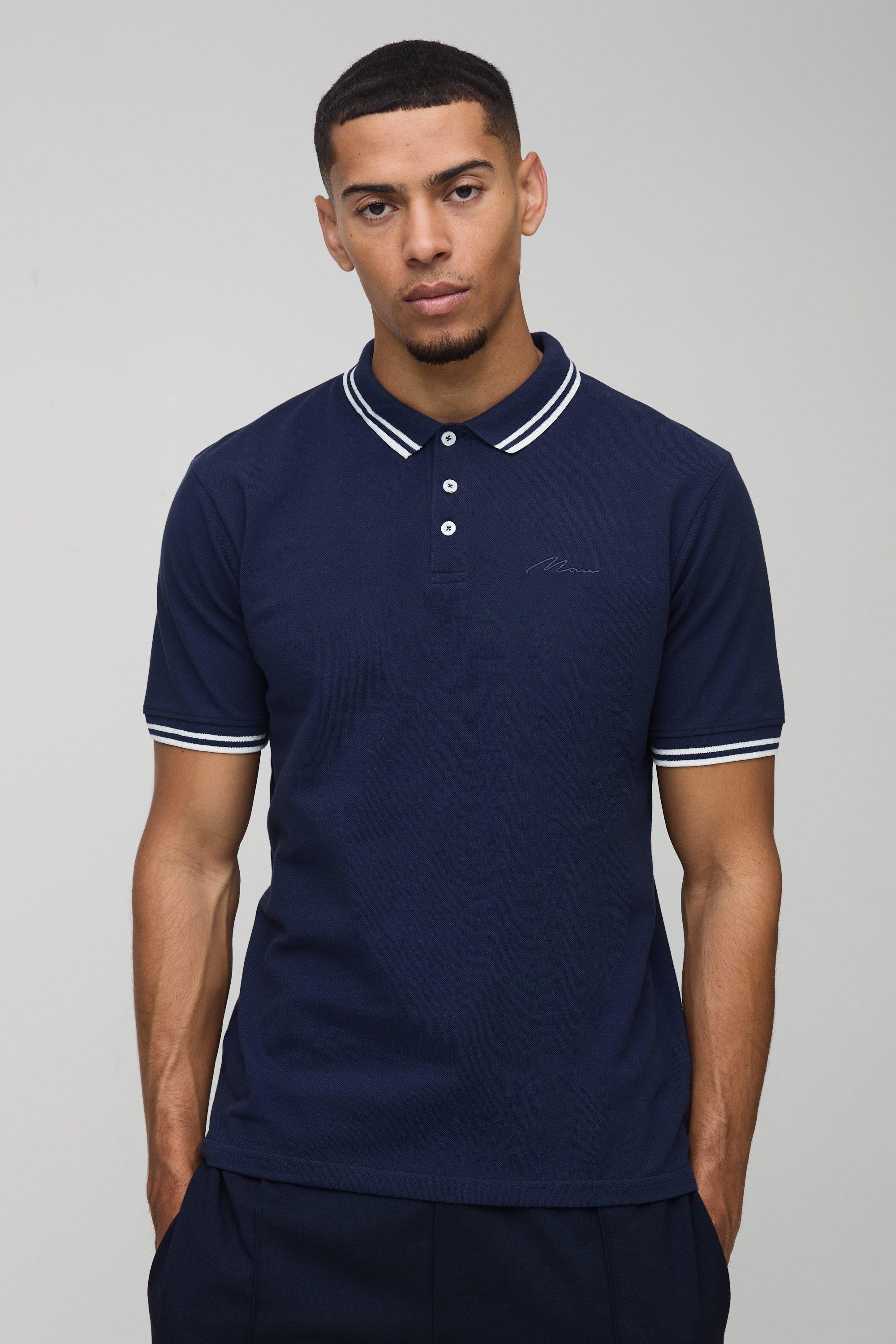 Polo Slim Fit in piqué con firma Man e righe a contrasto, Azzurro