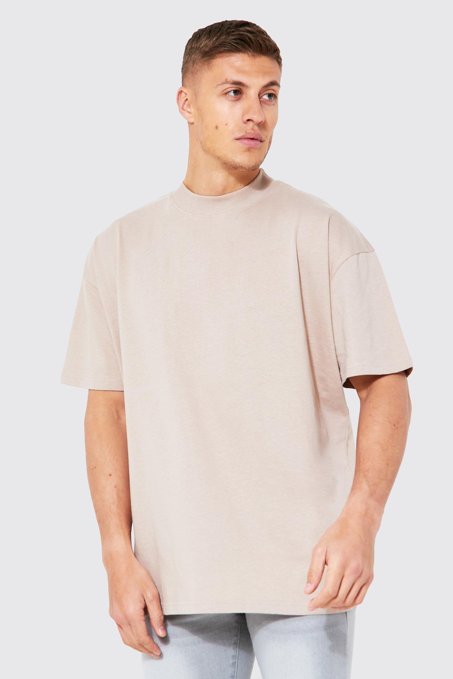 Mens Beige Oversized Extended Neck T-Shirt, Beige