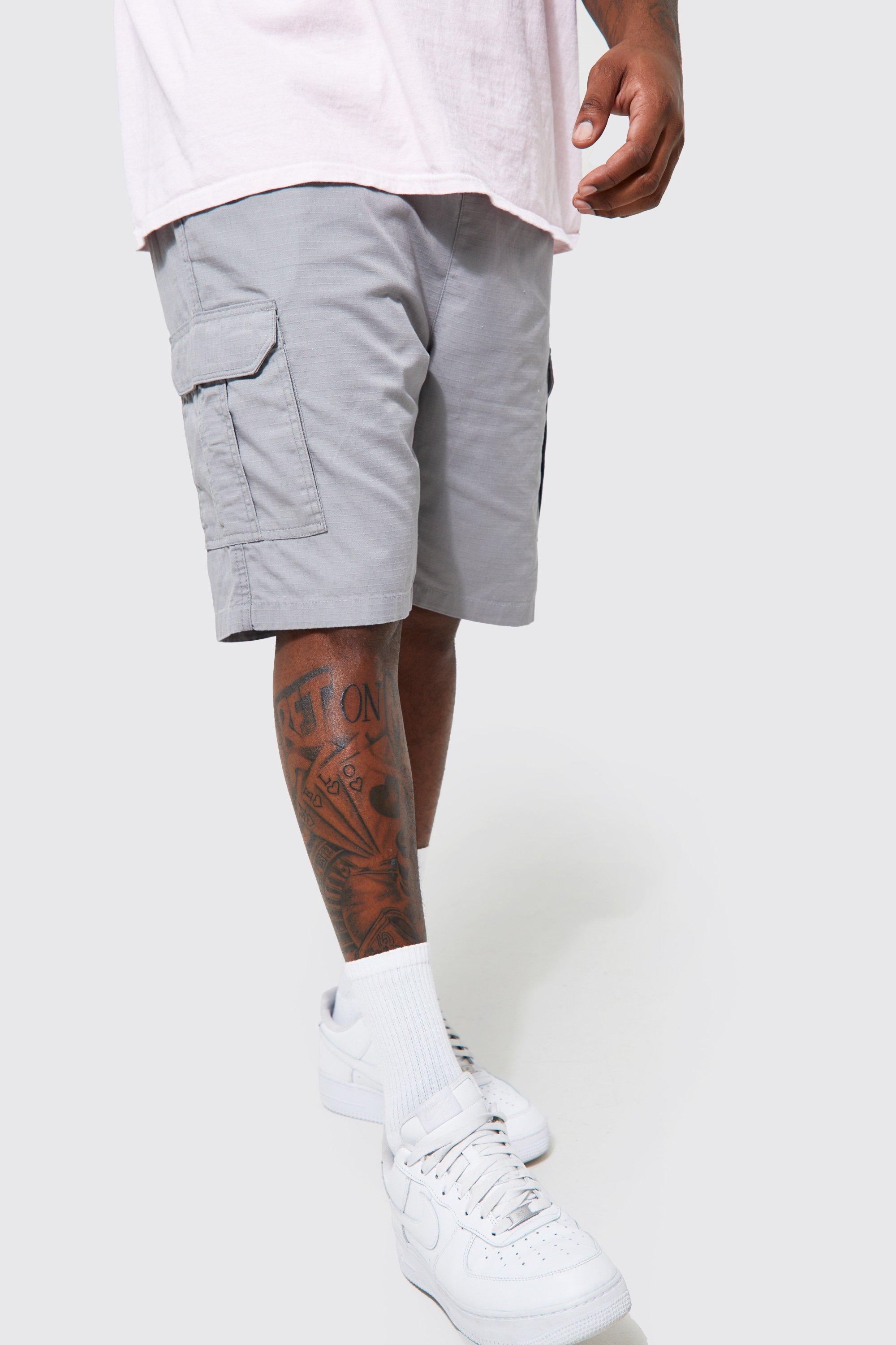 Mens Grey Plus Elastic Waist Cargo Short, Grey