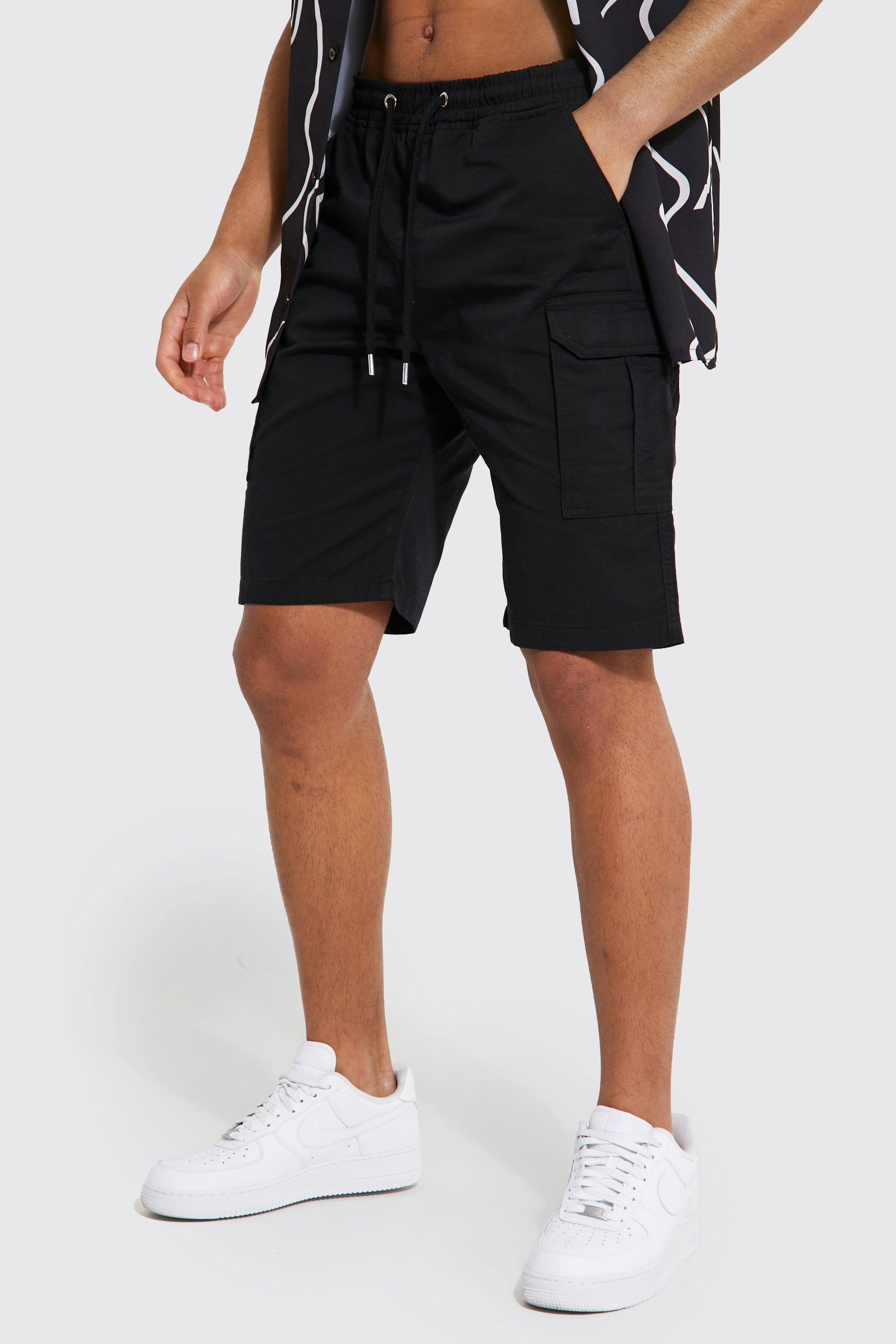 Mens Black Tall Elastic Waist Cargo Short, Black