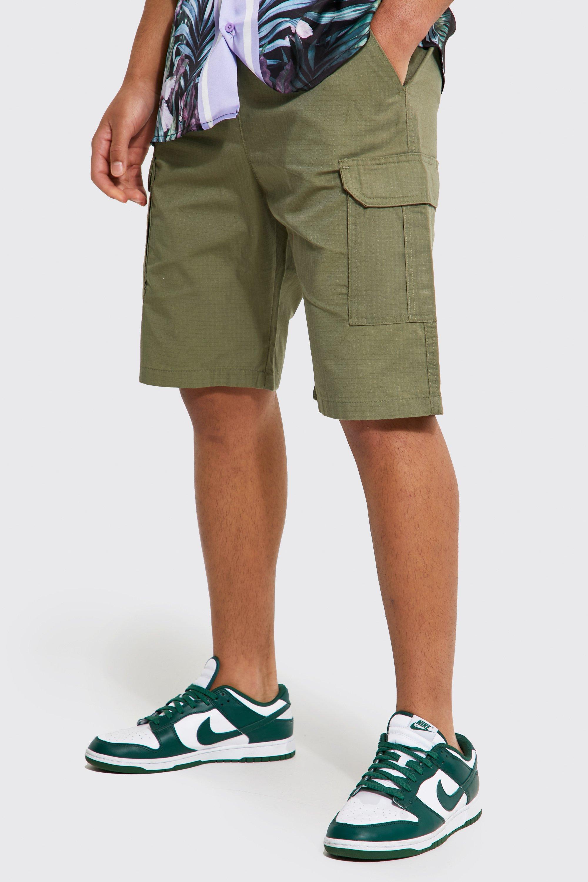 Mens Green Tall Elastic Waist Cargo Shorts, Green