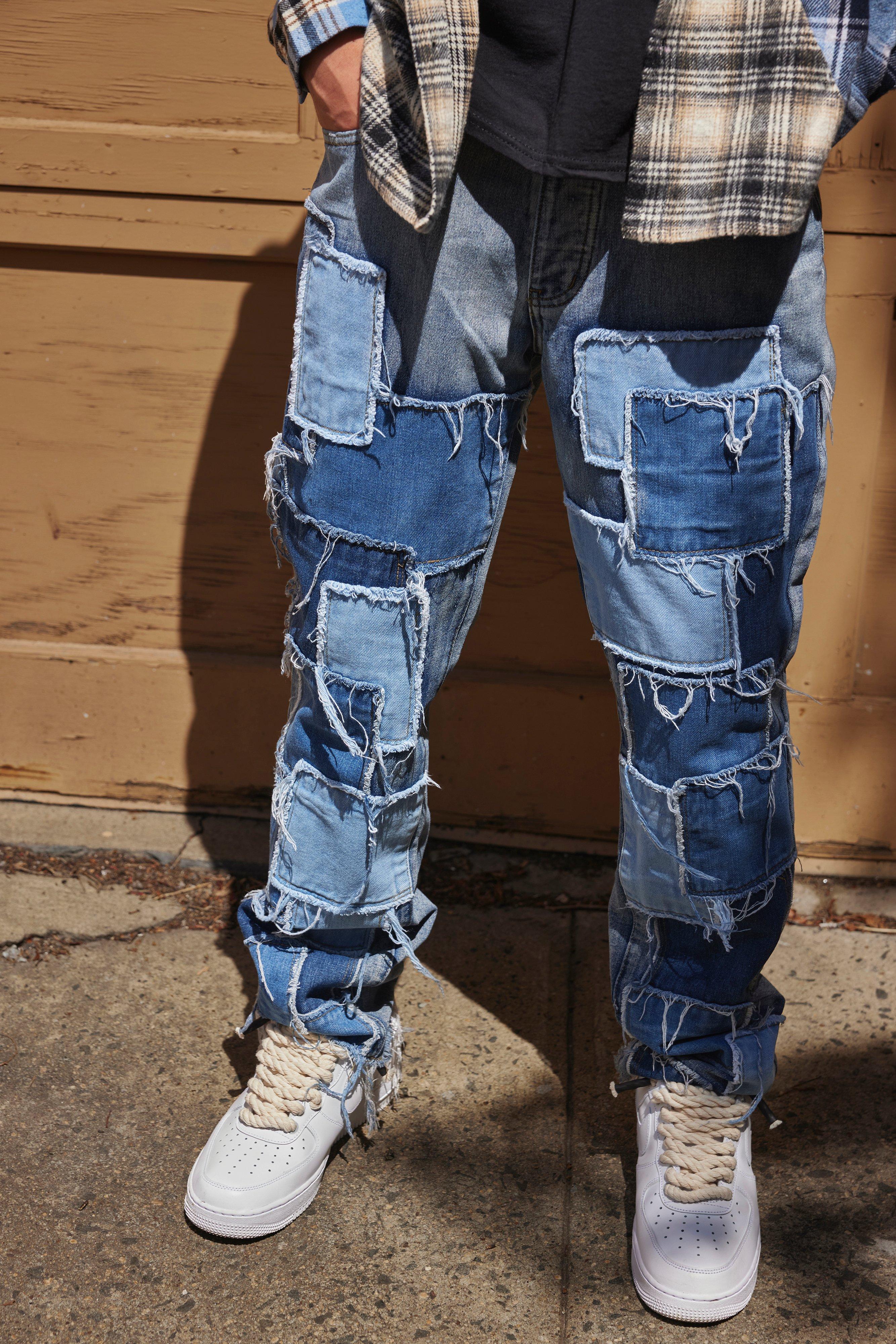 Image of Jeans dritti in denim effetto patchwork, Azzurro