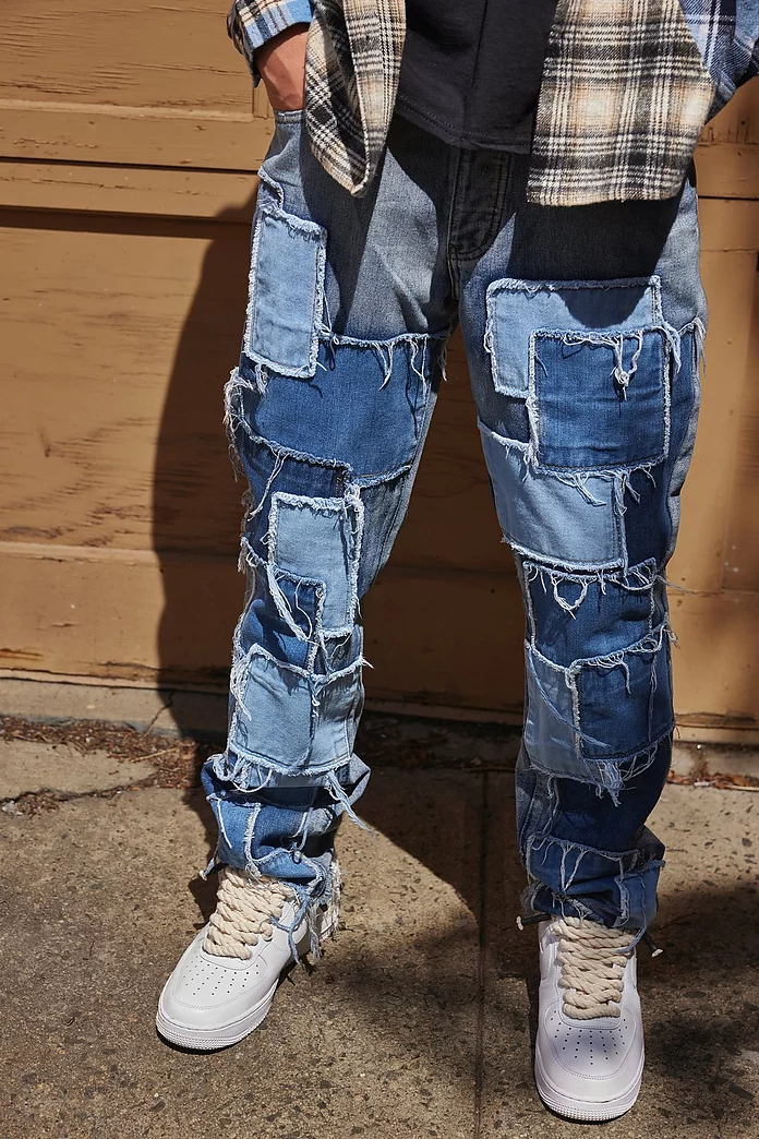 Straight Leg Denim Patchwork Jeans | boohooMAN