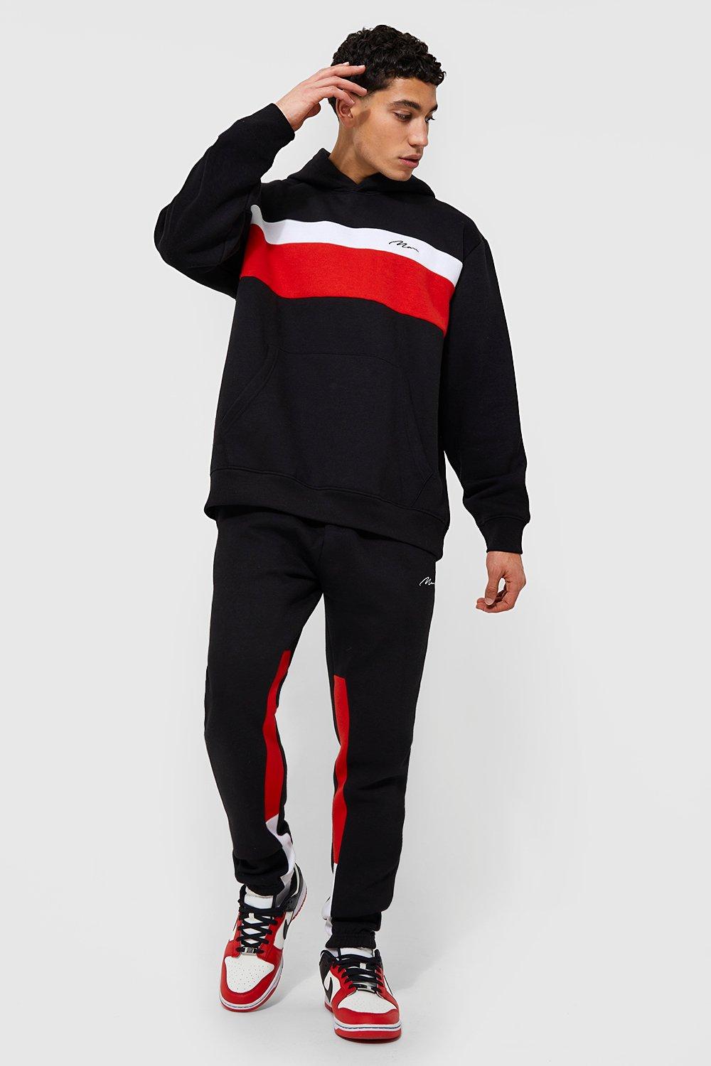 Men's Man Signature Contrast Panel Tracksuit - Red - L, Red