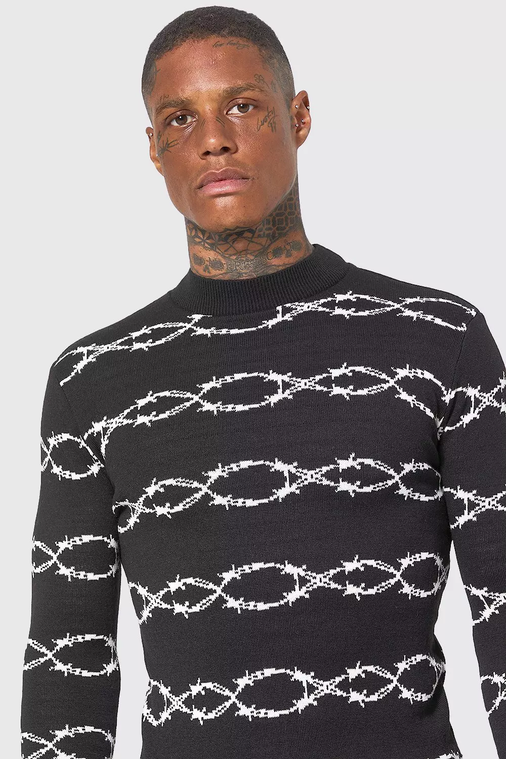 Turtle Neck Muscle Fit Barbed Wire Sweater | boohooMAN USA