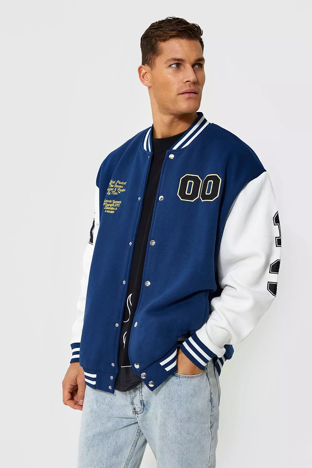 boohooman blue varsity jacket