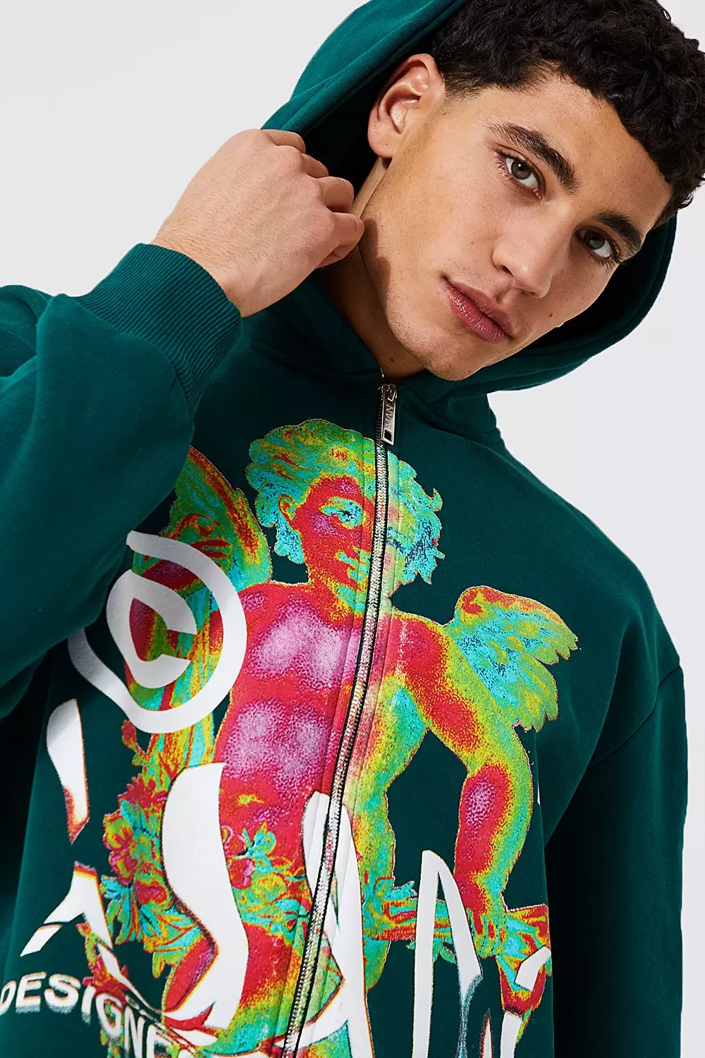 Oversized Cherub Print Zip Through Hoodie