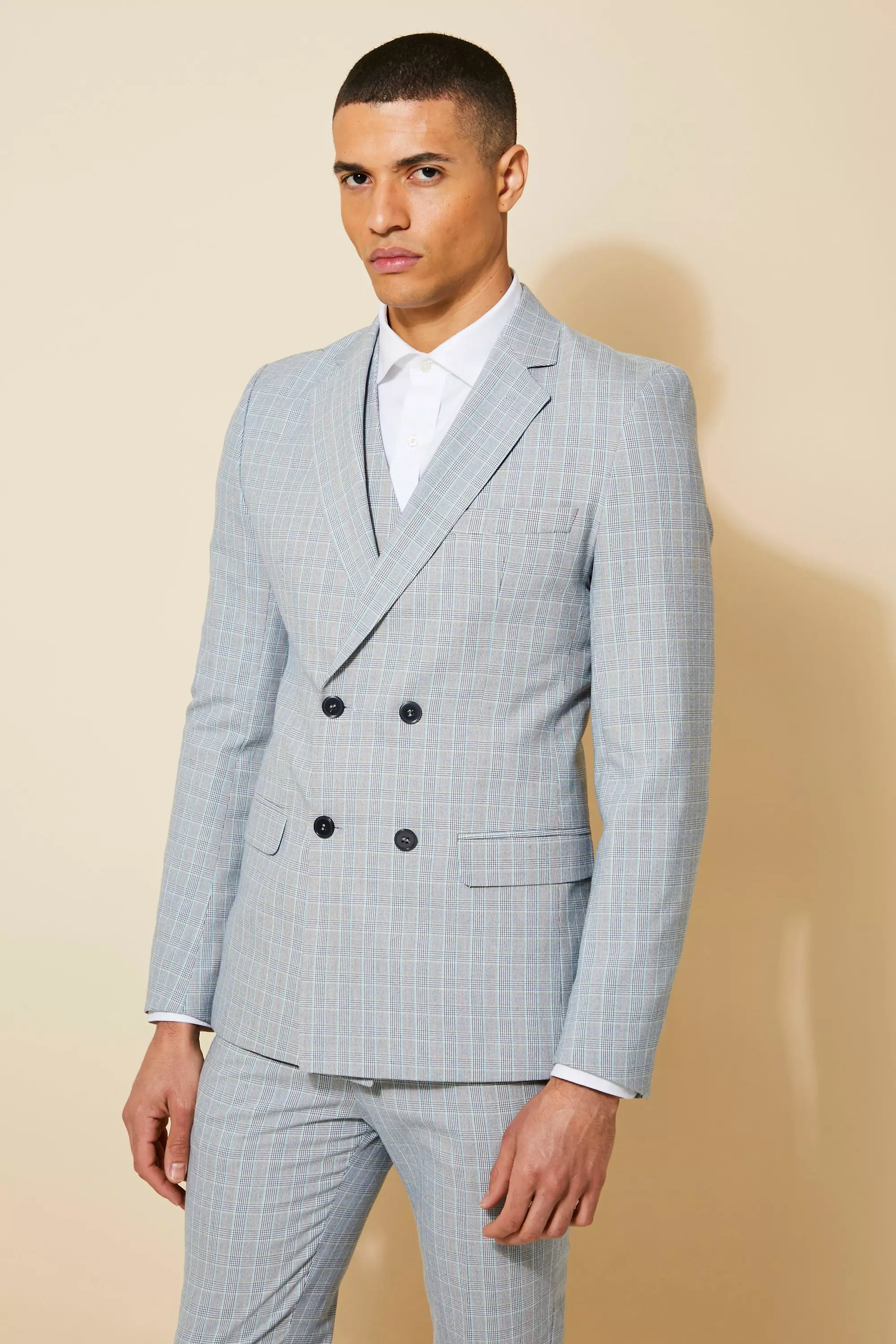 boohooMAN Tall Slim Double Breasted Suit Jacket - Gray - Size 40