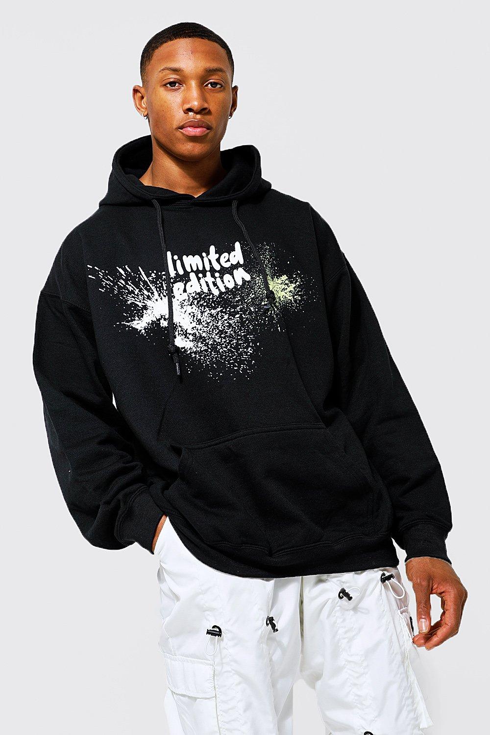 Mens Black Oversized Limited Paint Splatter Hoodie, Black