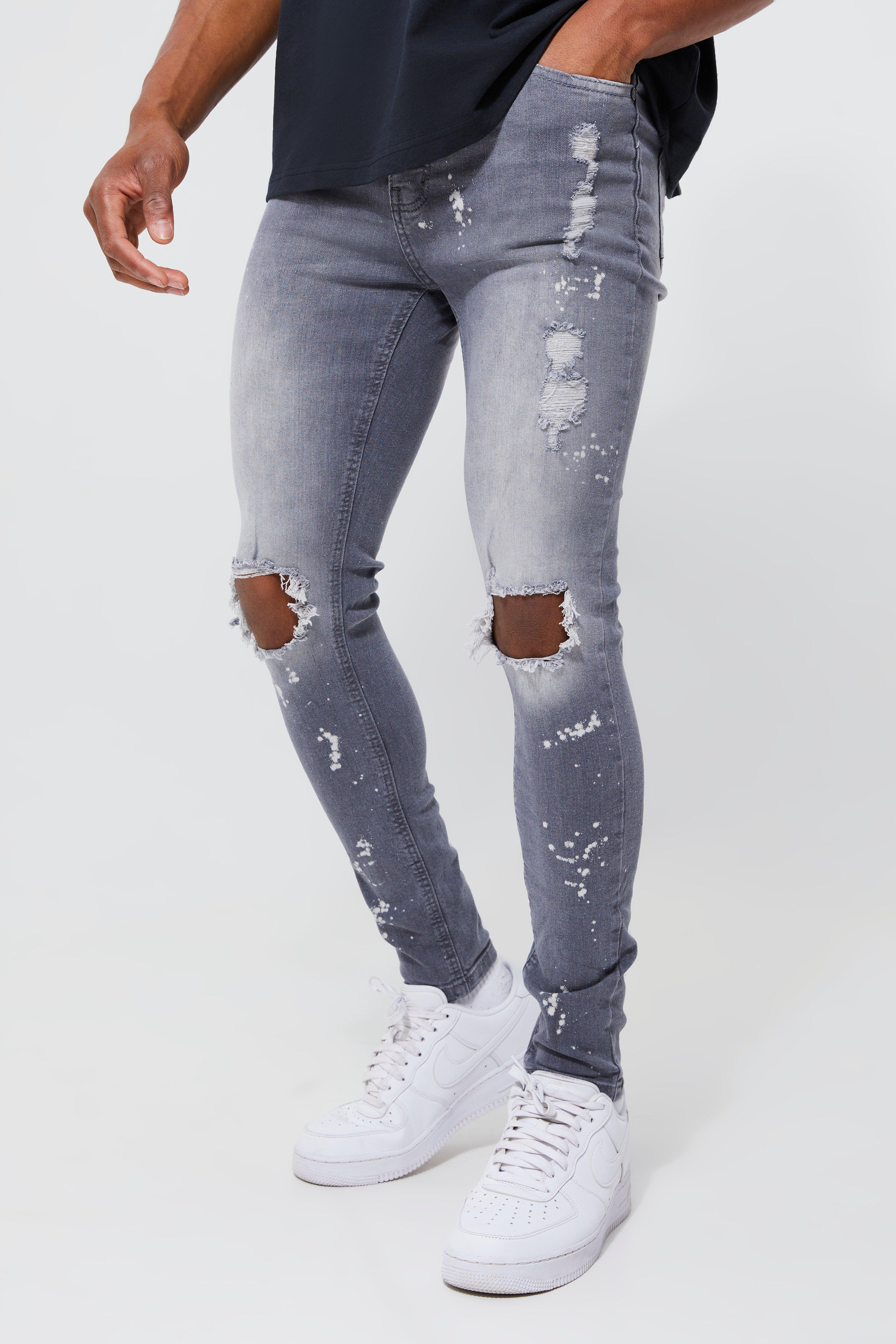 Mens Grey Super Skinny Busted Knee Paint Splatter Jeans, Grey