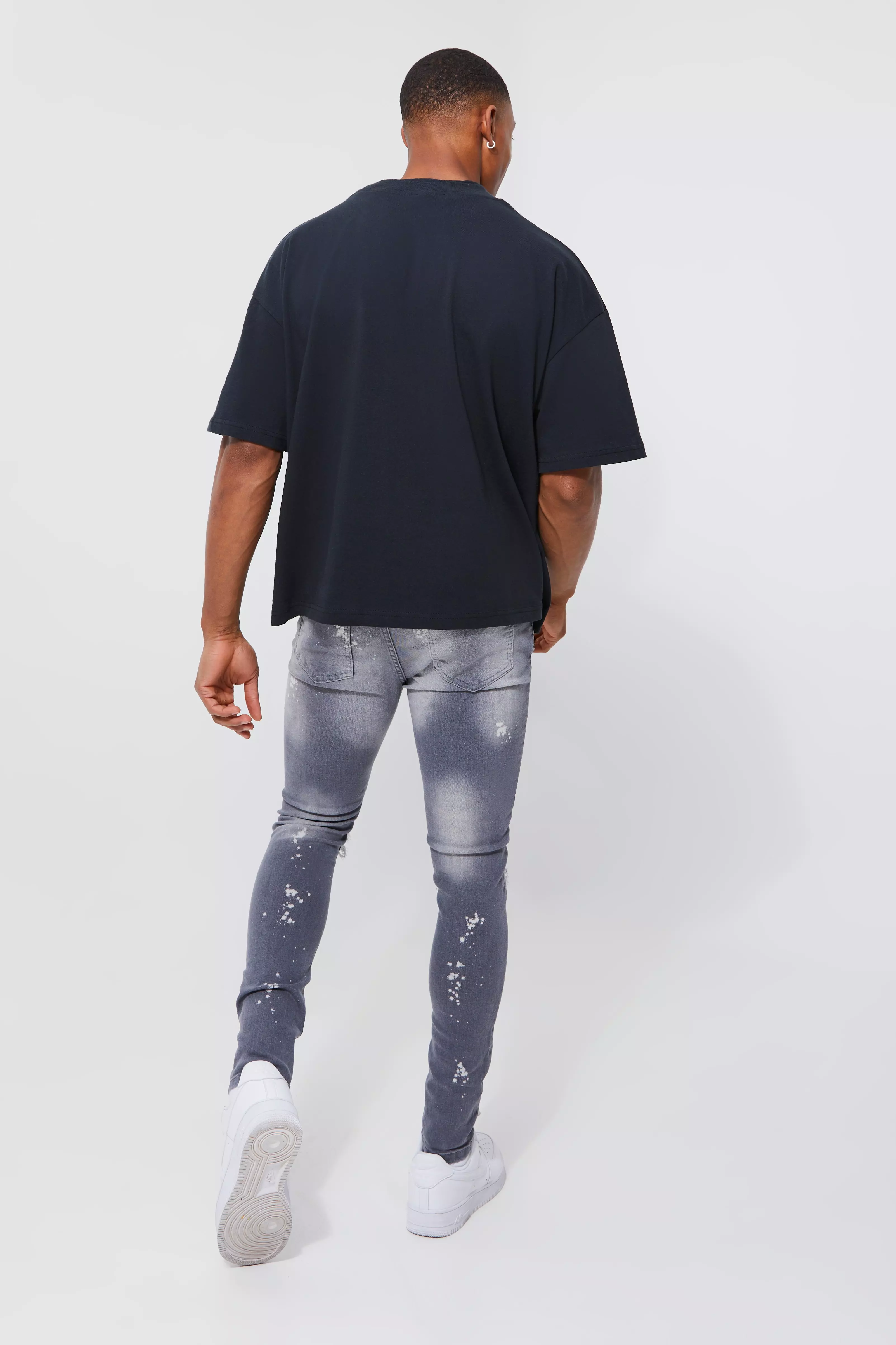 Boohoo Mens Super Skinny Busted Knee Paint Splatter Jeans - Grey 34R