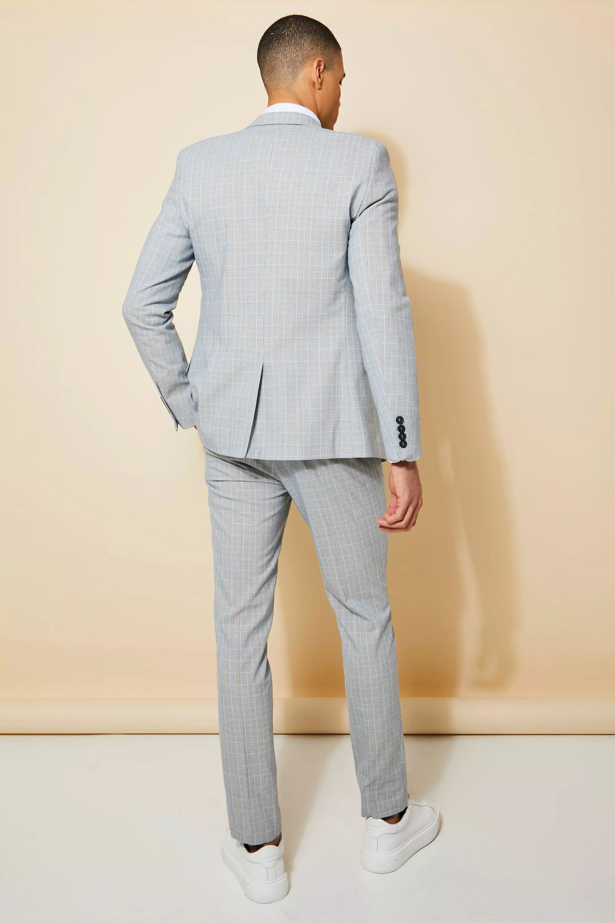 Men's Light Grey Blue Check Skinny Suit Trousers