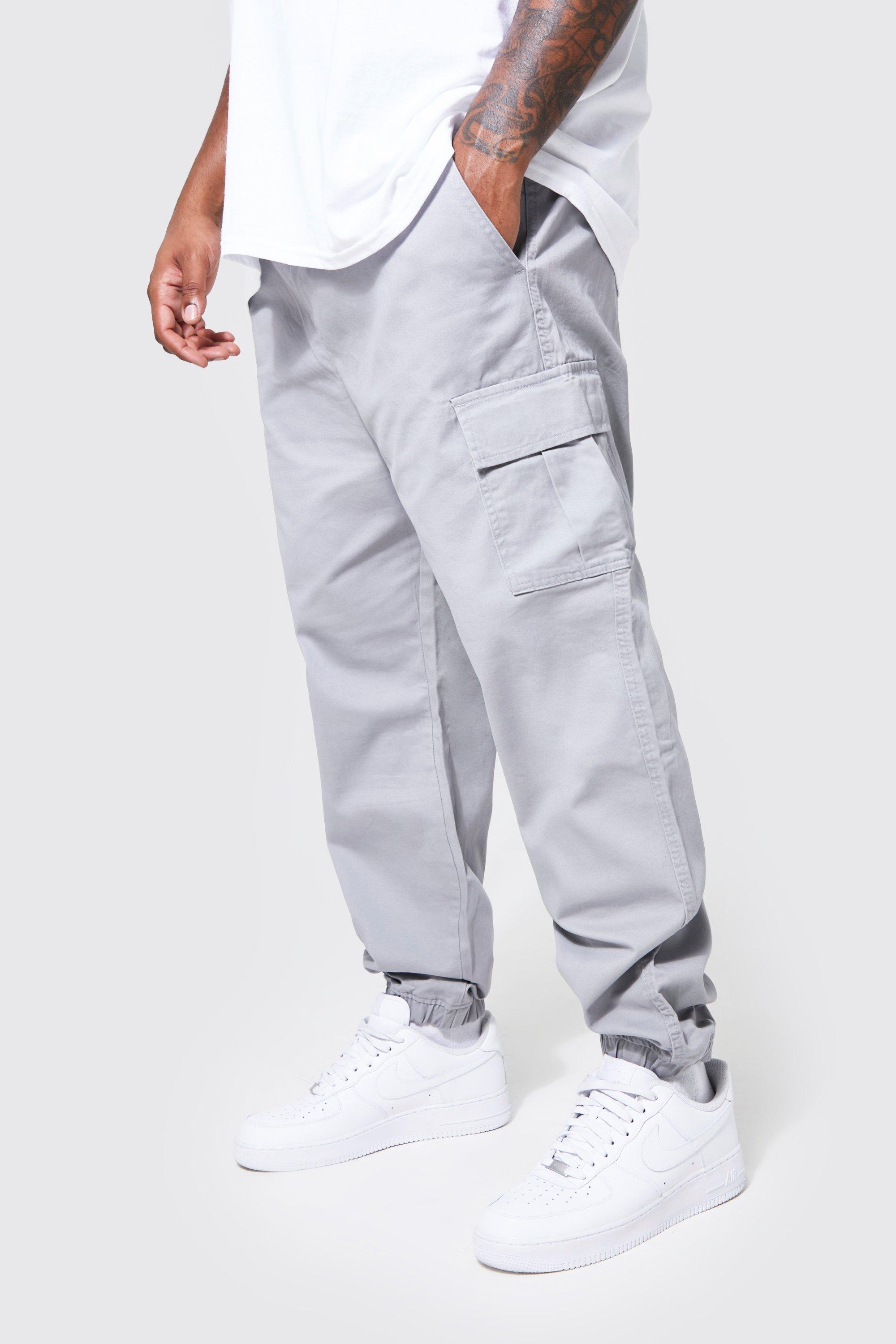Mens Grey Plus Slim Fit Cargo Trousers, Grey