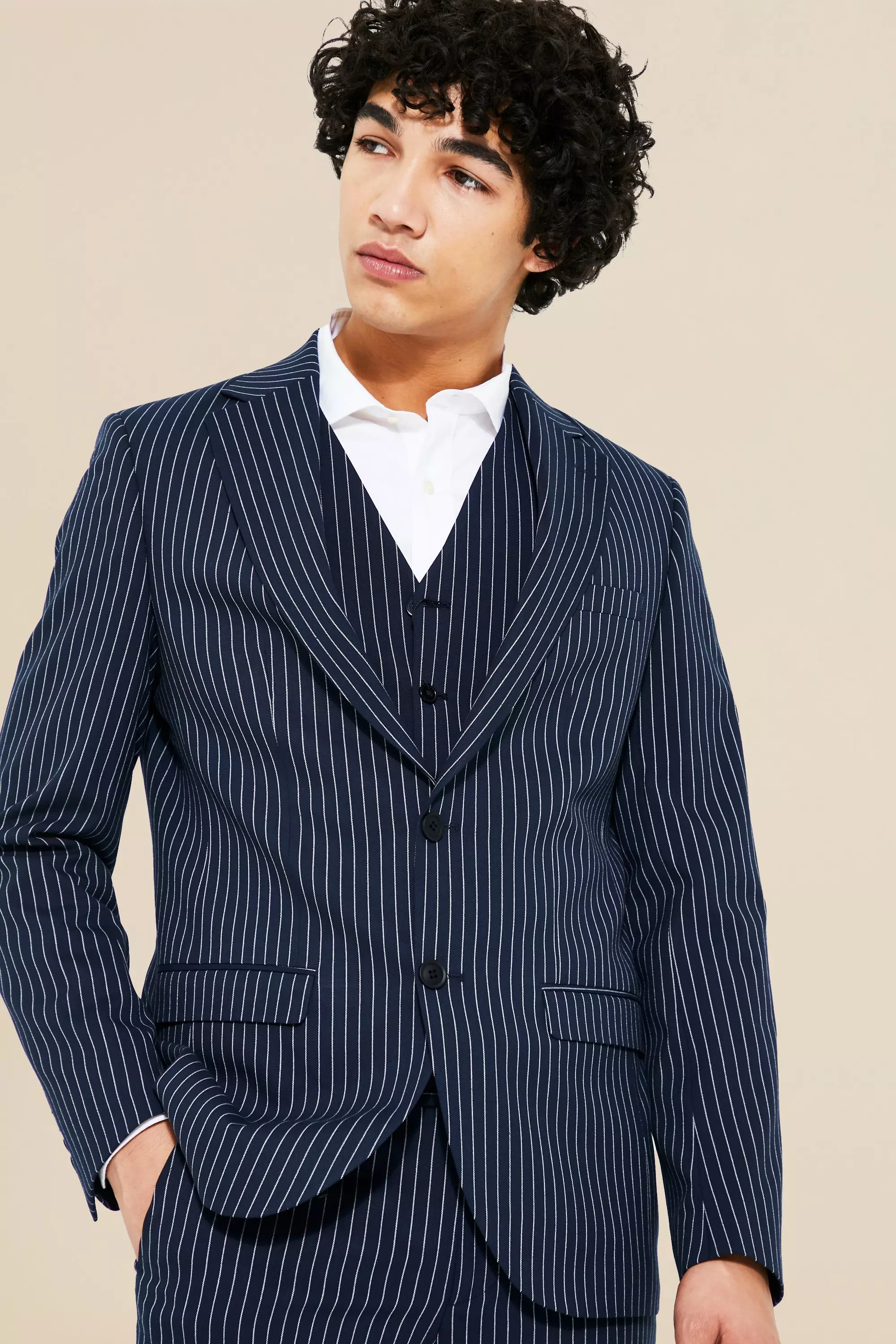 boohooMAN Mens Skinny Navy Pinstripe Double Breasted Jacket - Big & Tall