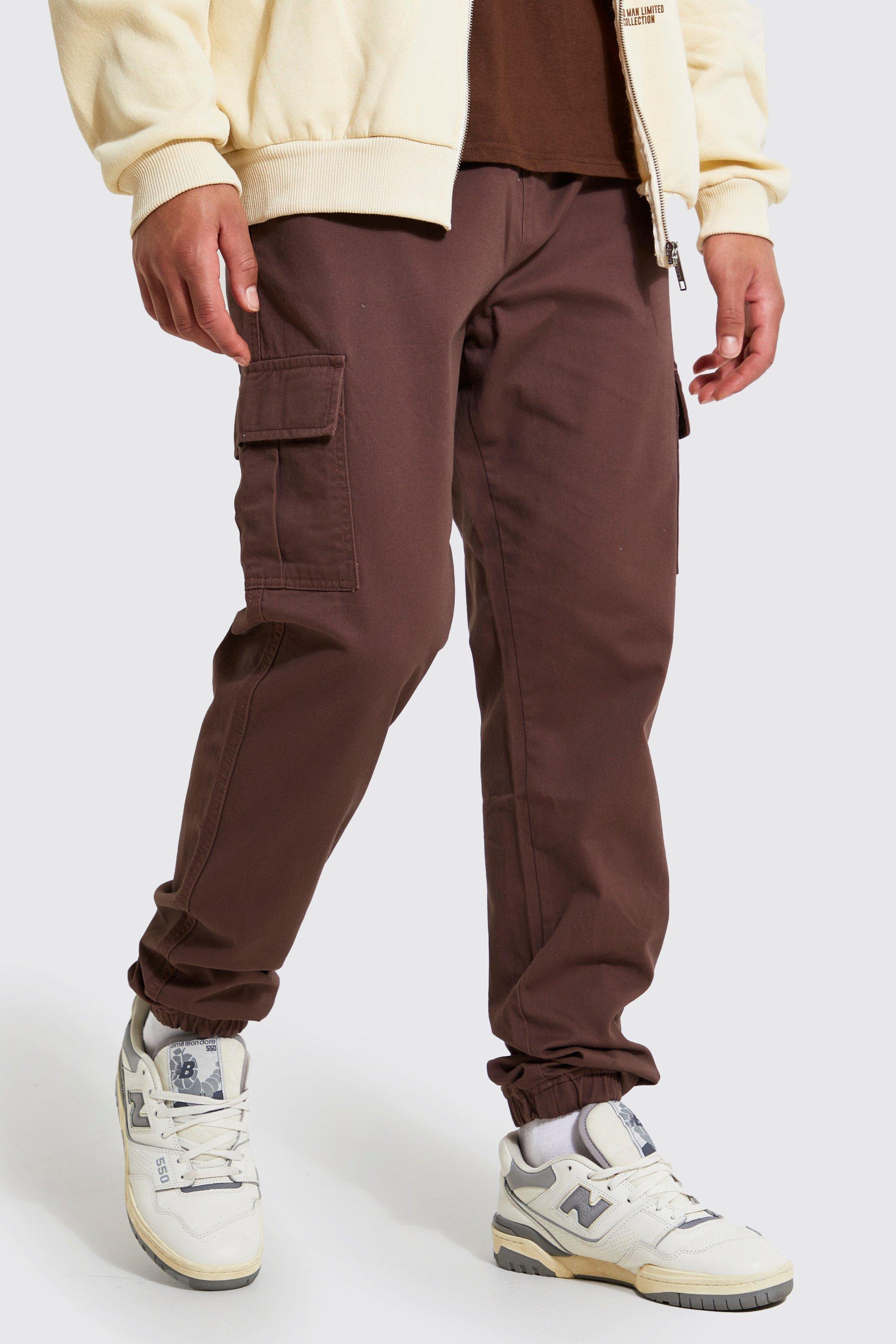 Mens Brown Tall Slim Fit Cargo Trousers, Brown