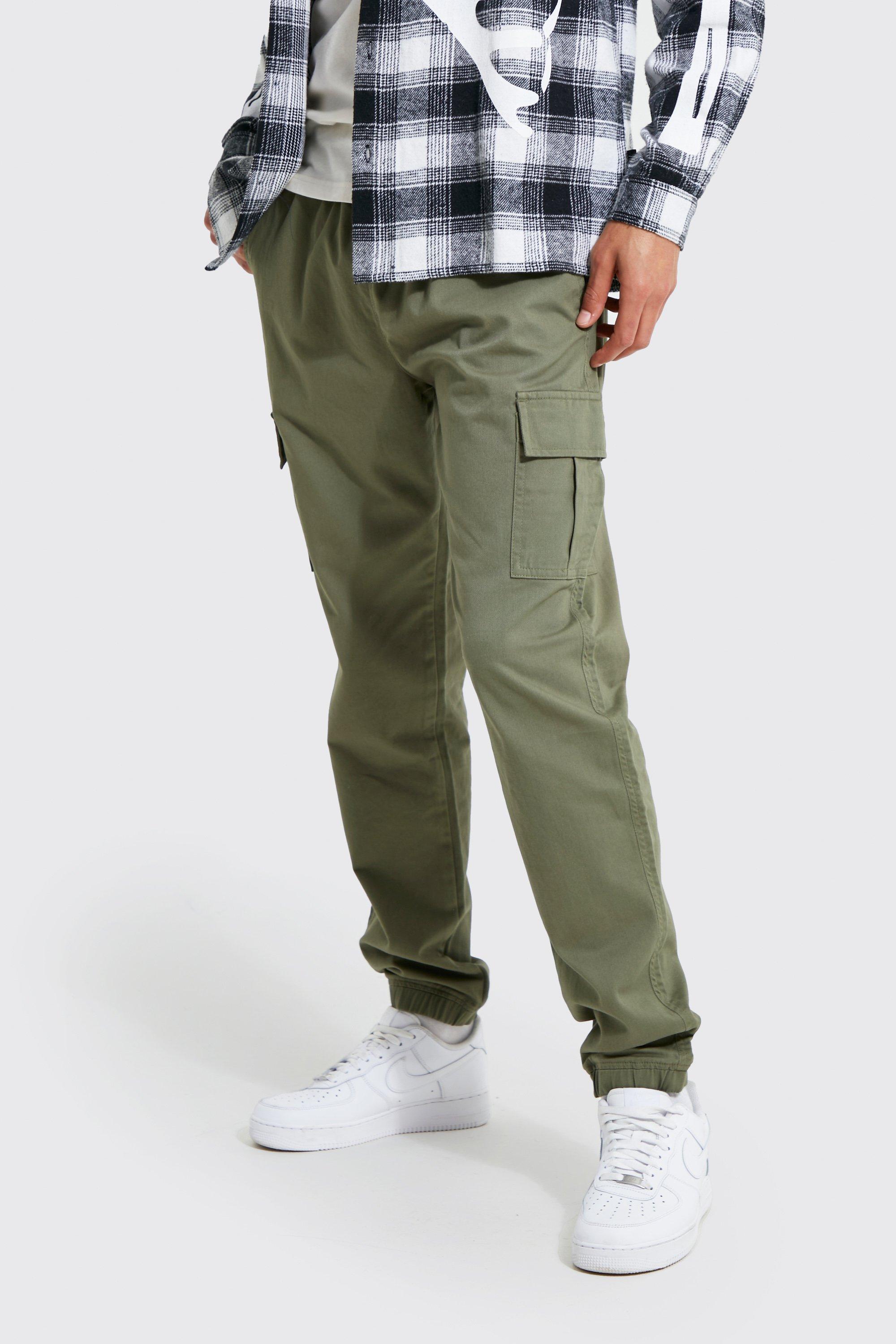 Mens Green Tall Slim Fit Cargo Trousers, Green