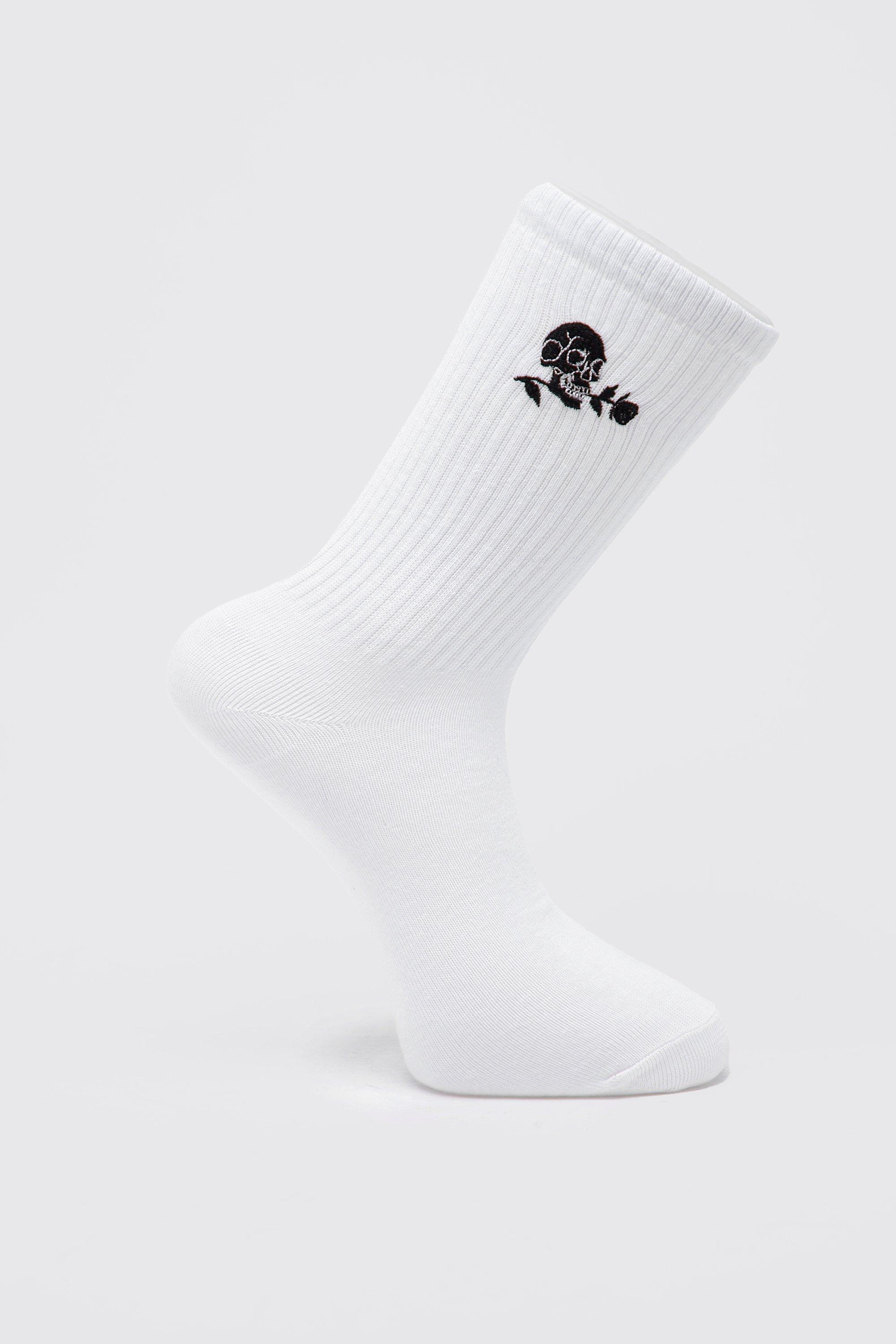 Mens White Embroidered Skull And Rose Tube Sock, White