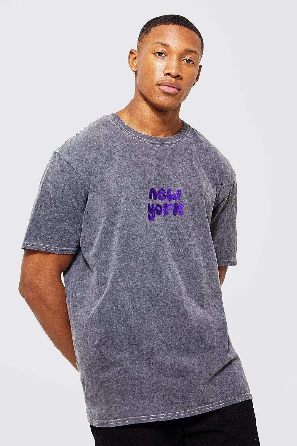 Mens Grey New York Embroidered Overdye T-shirt, Grey