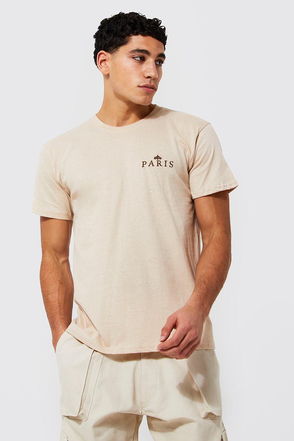 Mens Beige Paris Embroidered T-shirt, Beige