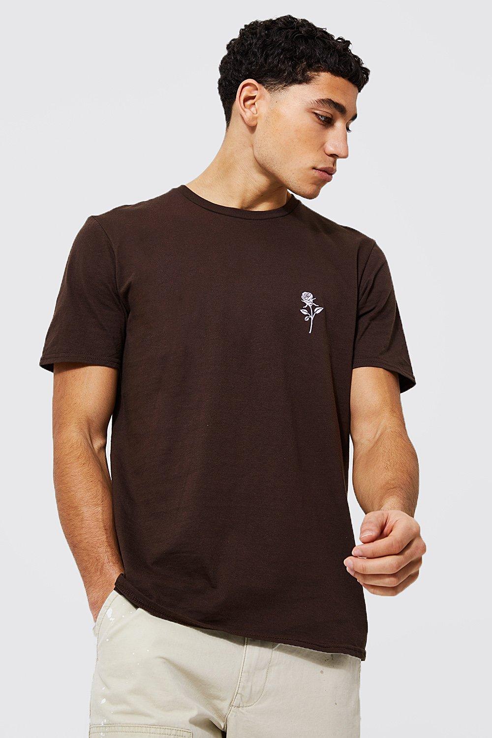 Mens Brown Rose Embroidered T-shirt, Brown