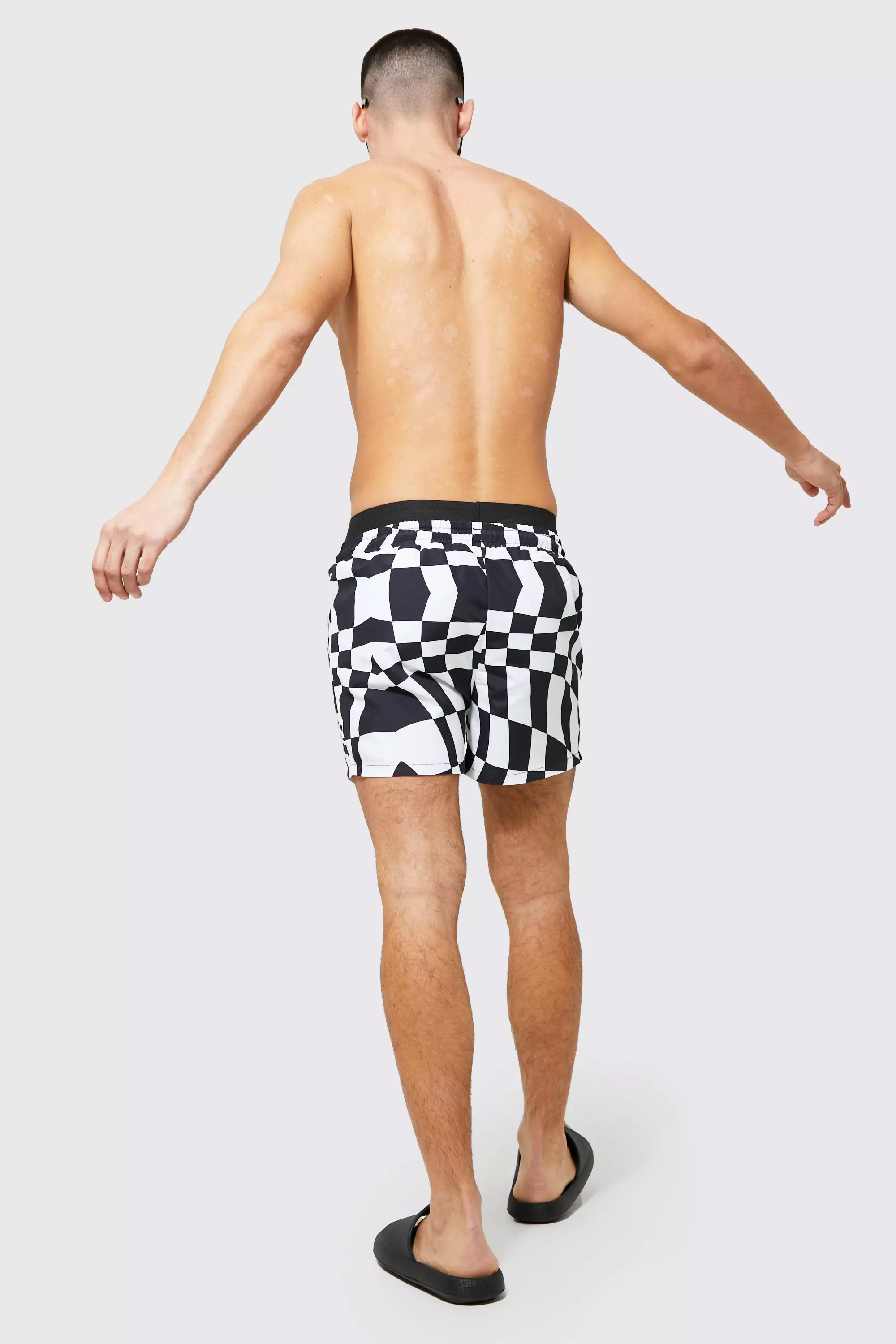 Lizzyapparel Beige and Brown Checkers Neutral Tan and Brown Checkered Mens Swim Trunks, Brown Checkerboard Swim Suit