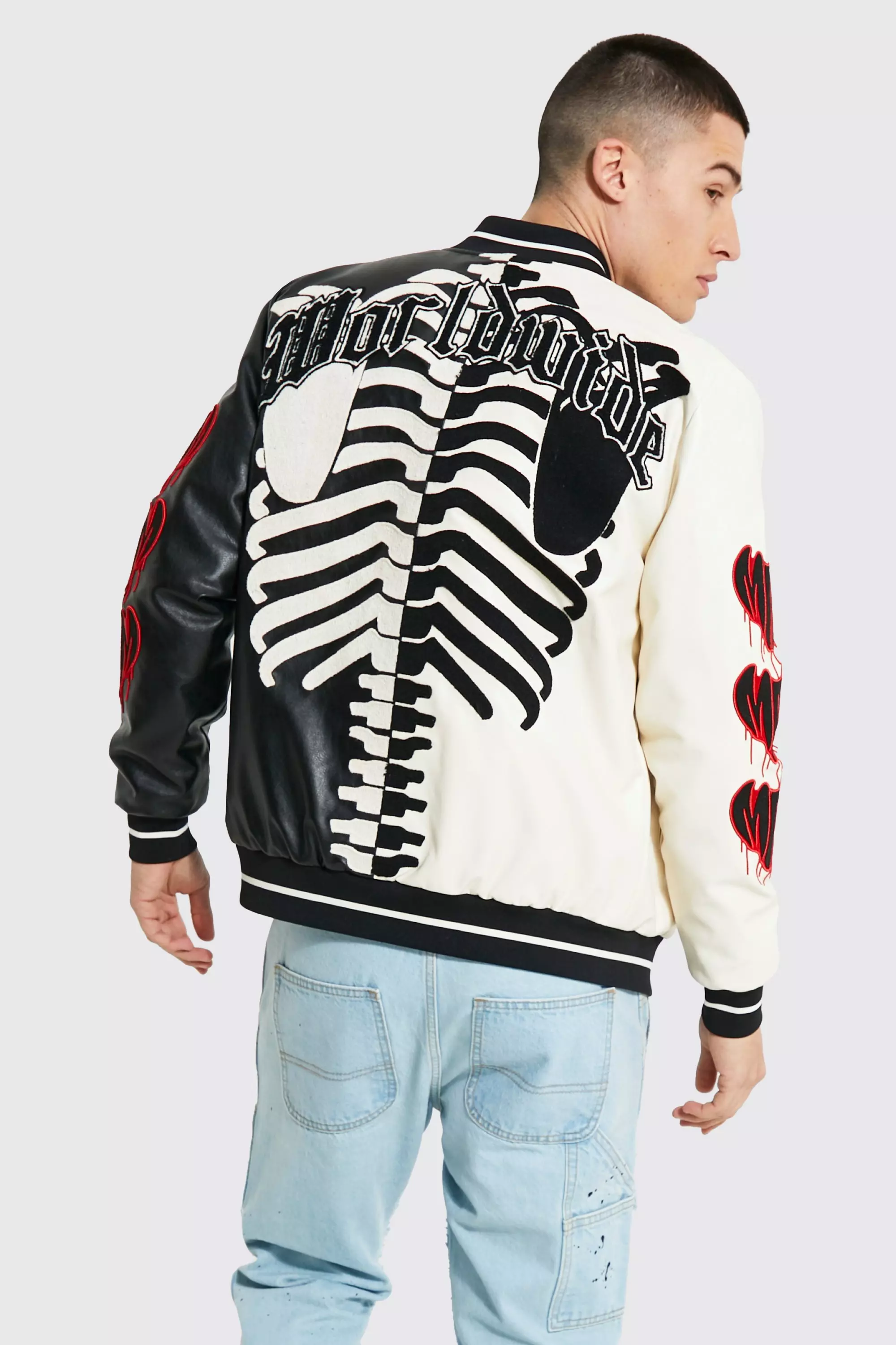 boohooMAN Men's Official Man Back Skeleton Varsity Jacket