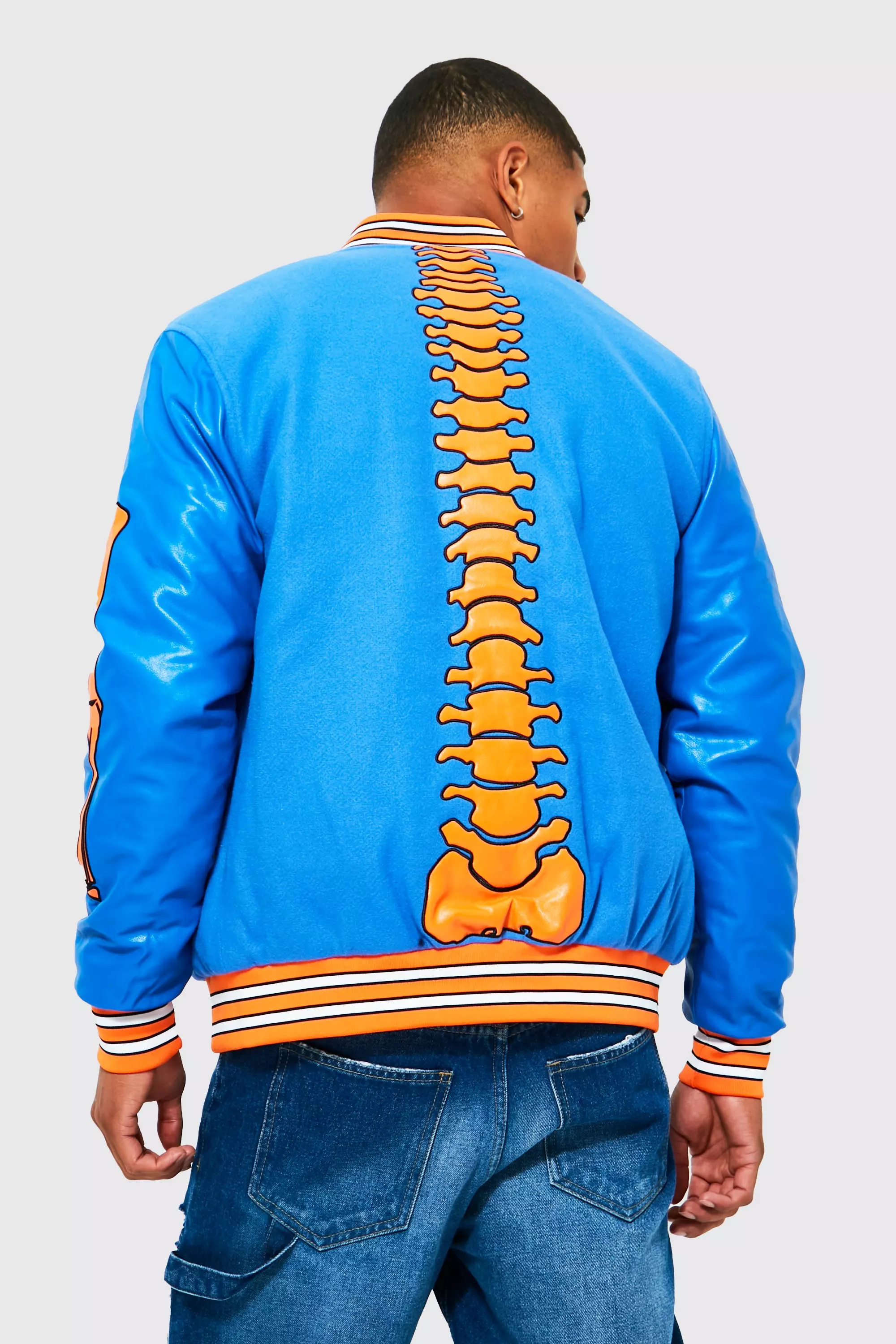 boohooMAN Men's Official Man Back Skeleton Varsity Jacket