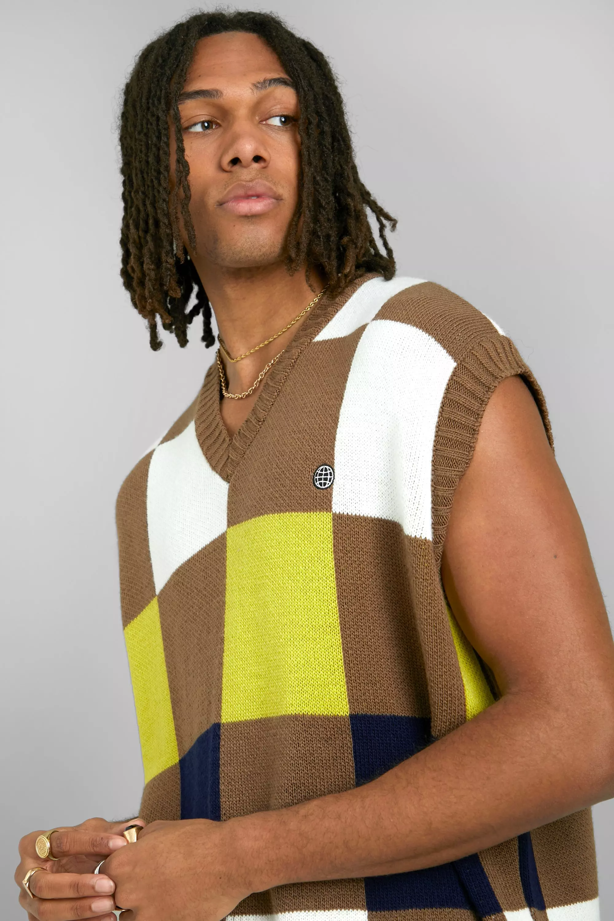 Oversized Patchwork V Neck Knitted Tank Top | boohooMAN USA