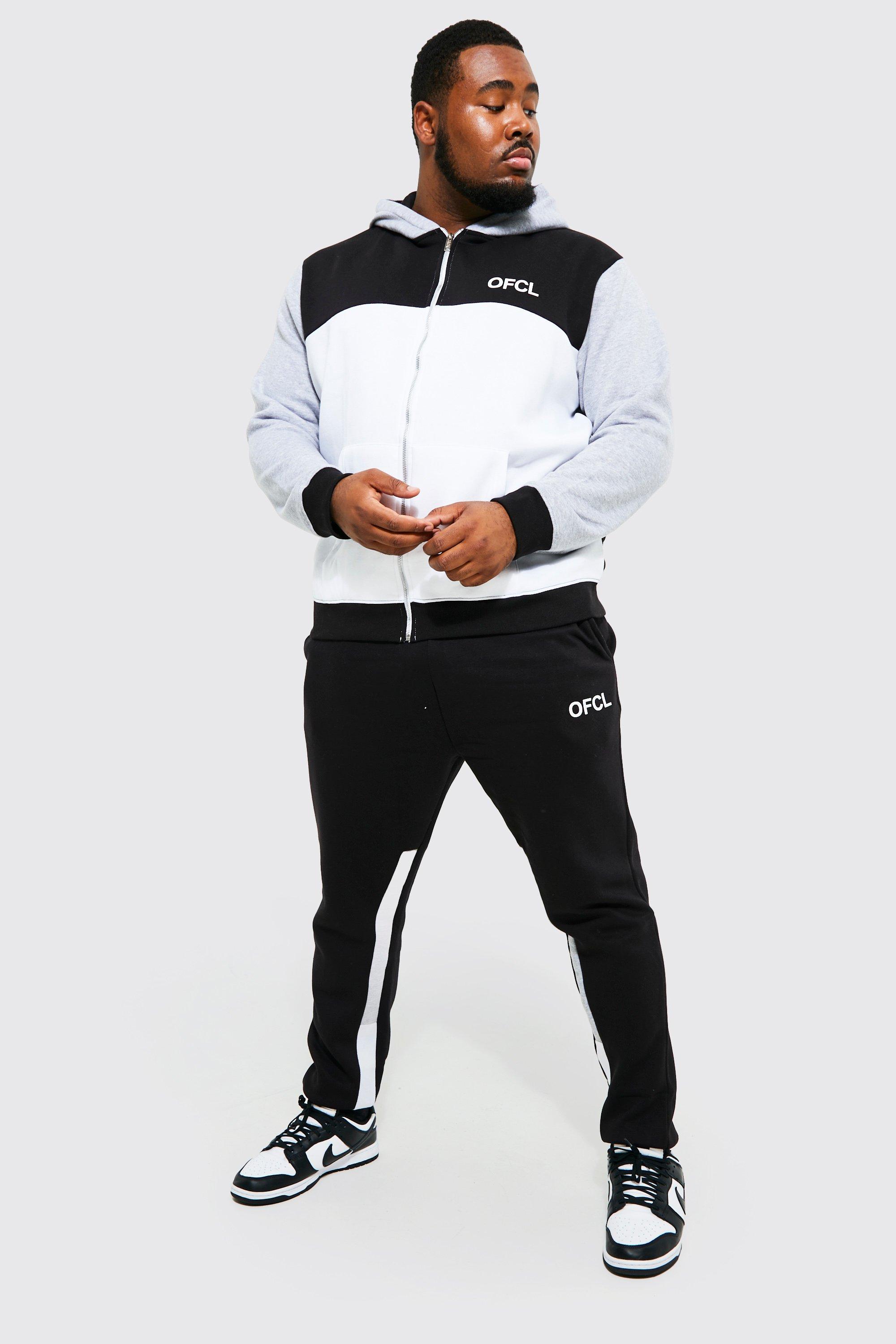 Mens Grey Plus Ofcl Colour Block Zip Hooded Tracksuit, Grey