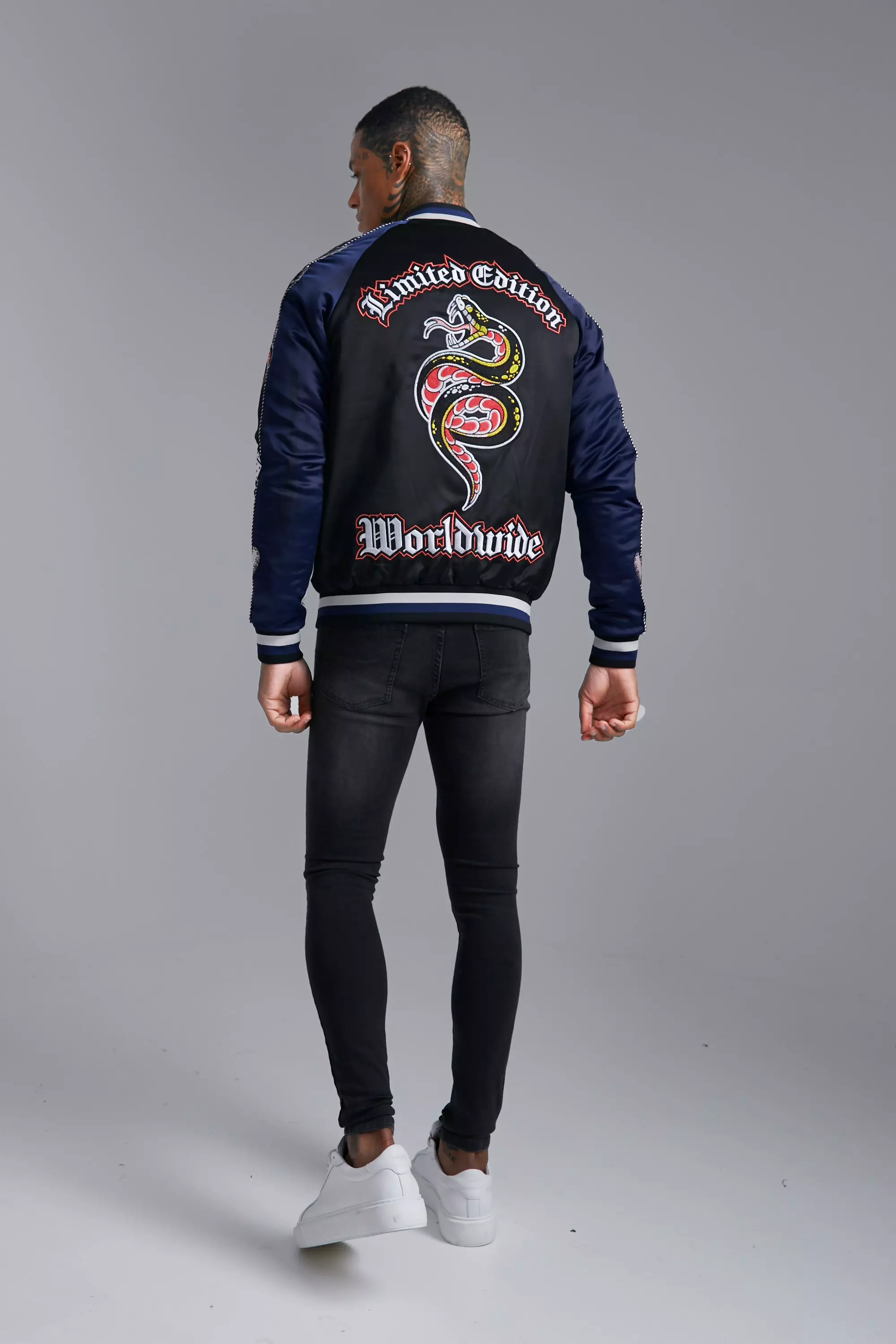 Snake And Swallow Arm And Back Satin Bomber | boohooMAN USA