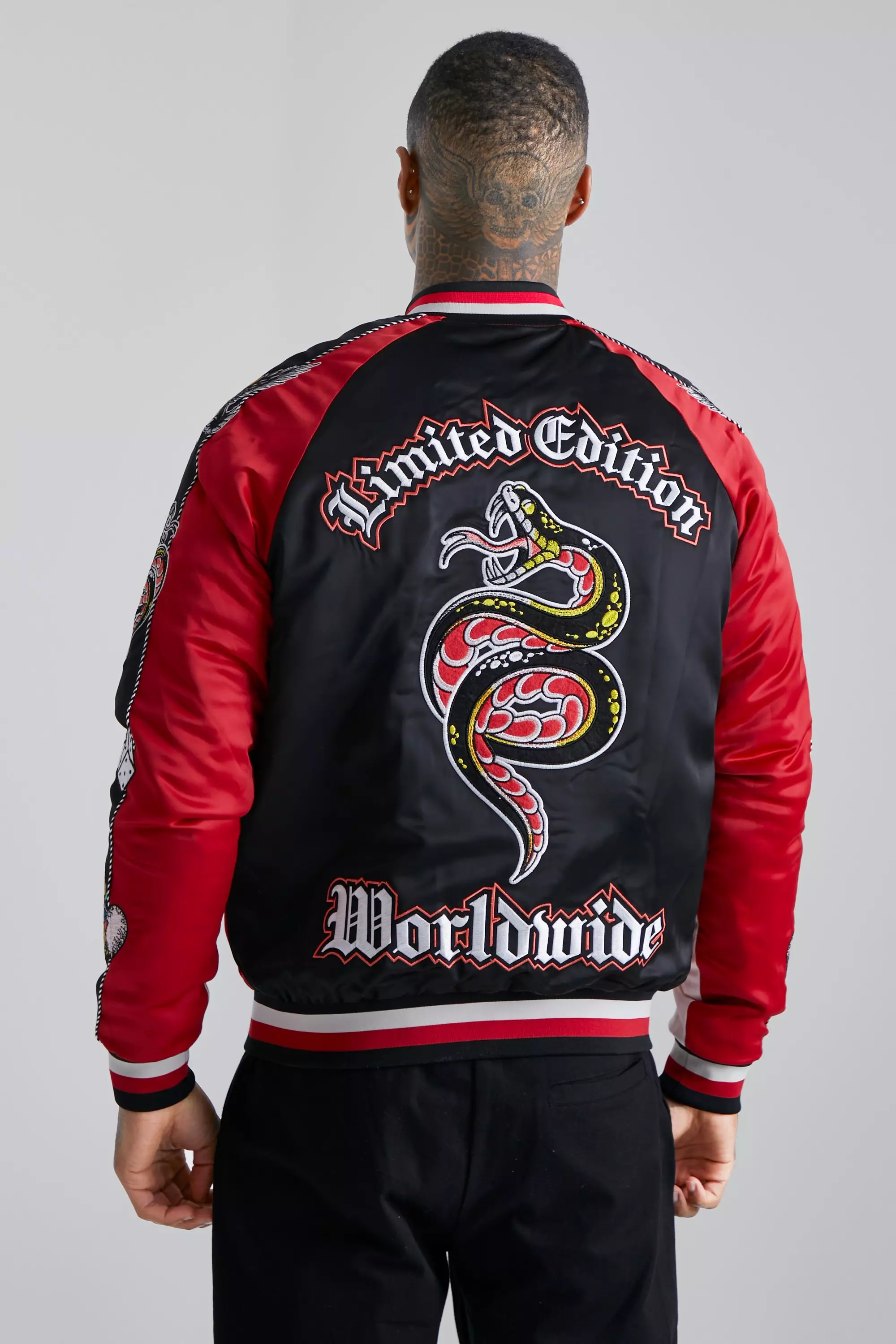 Snake And Swallow Arm And Back Satin Bomber | boohooMAN USA