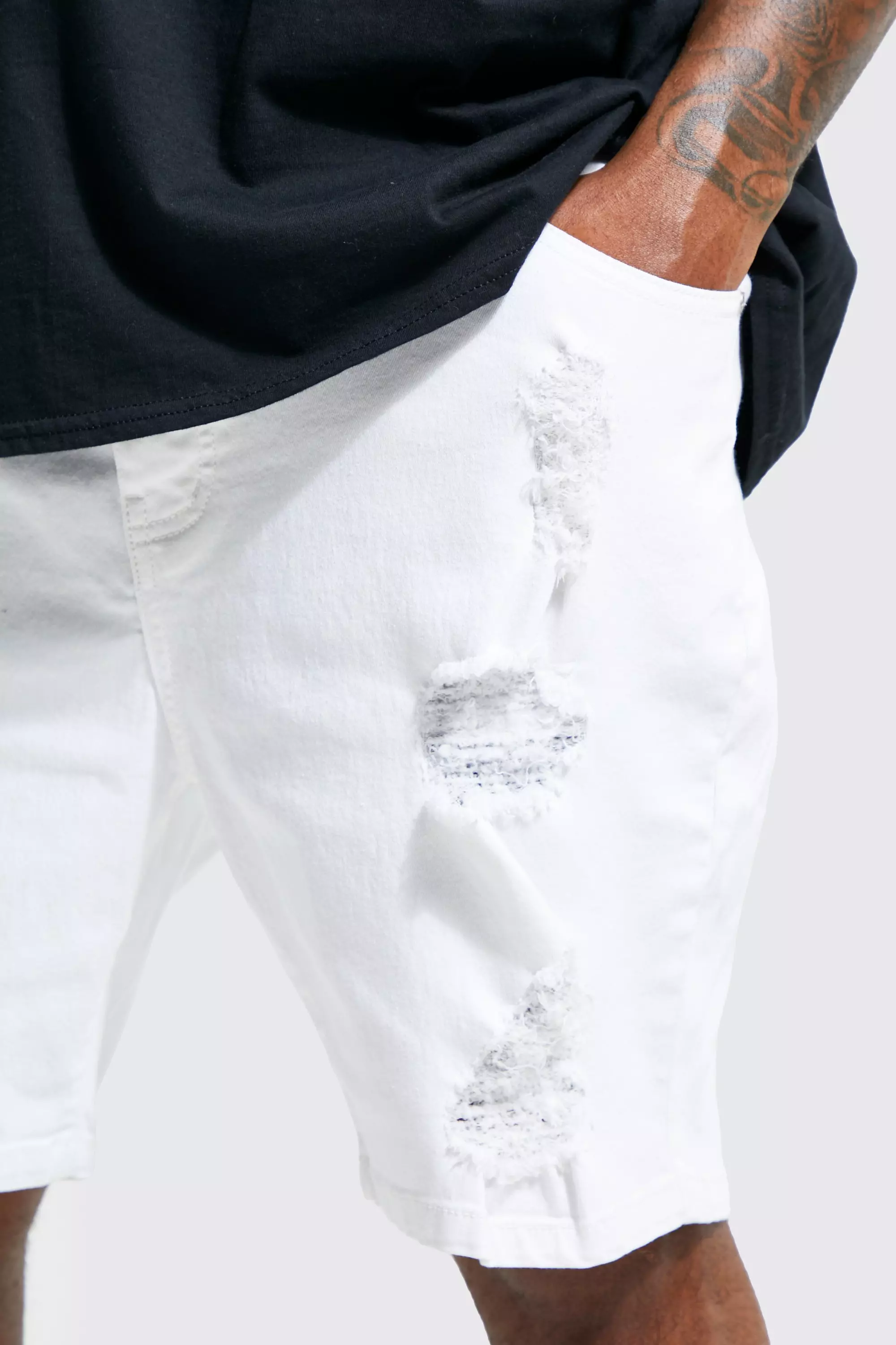 Mens white distressed hot sale denim shorts